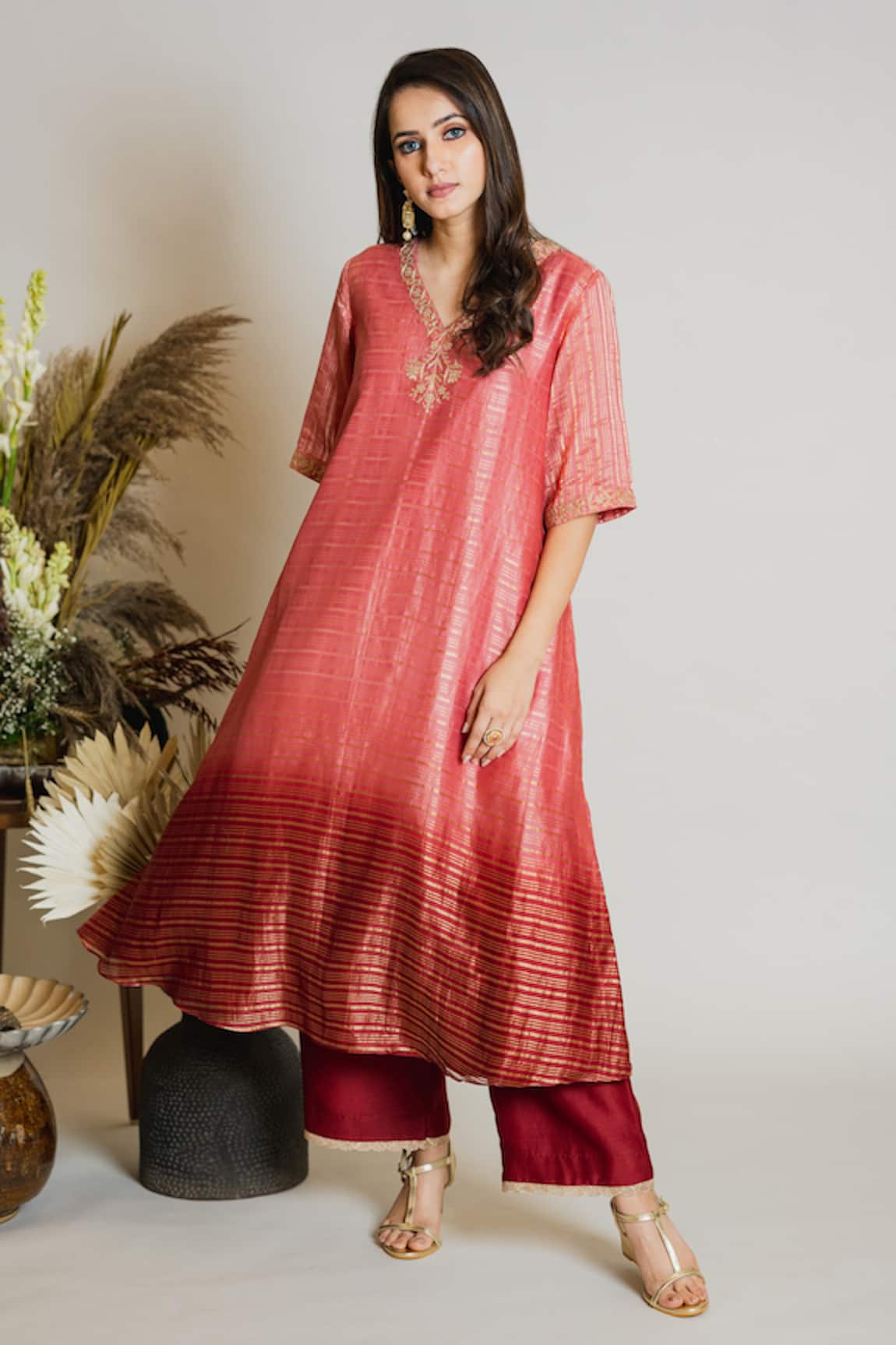 Maliha by Anar and Anoli Chanderi Silk Striped Kurta & Silk Pant Set