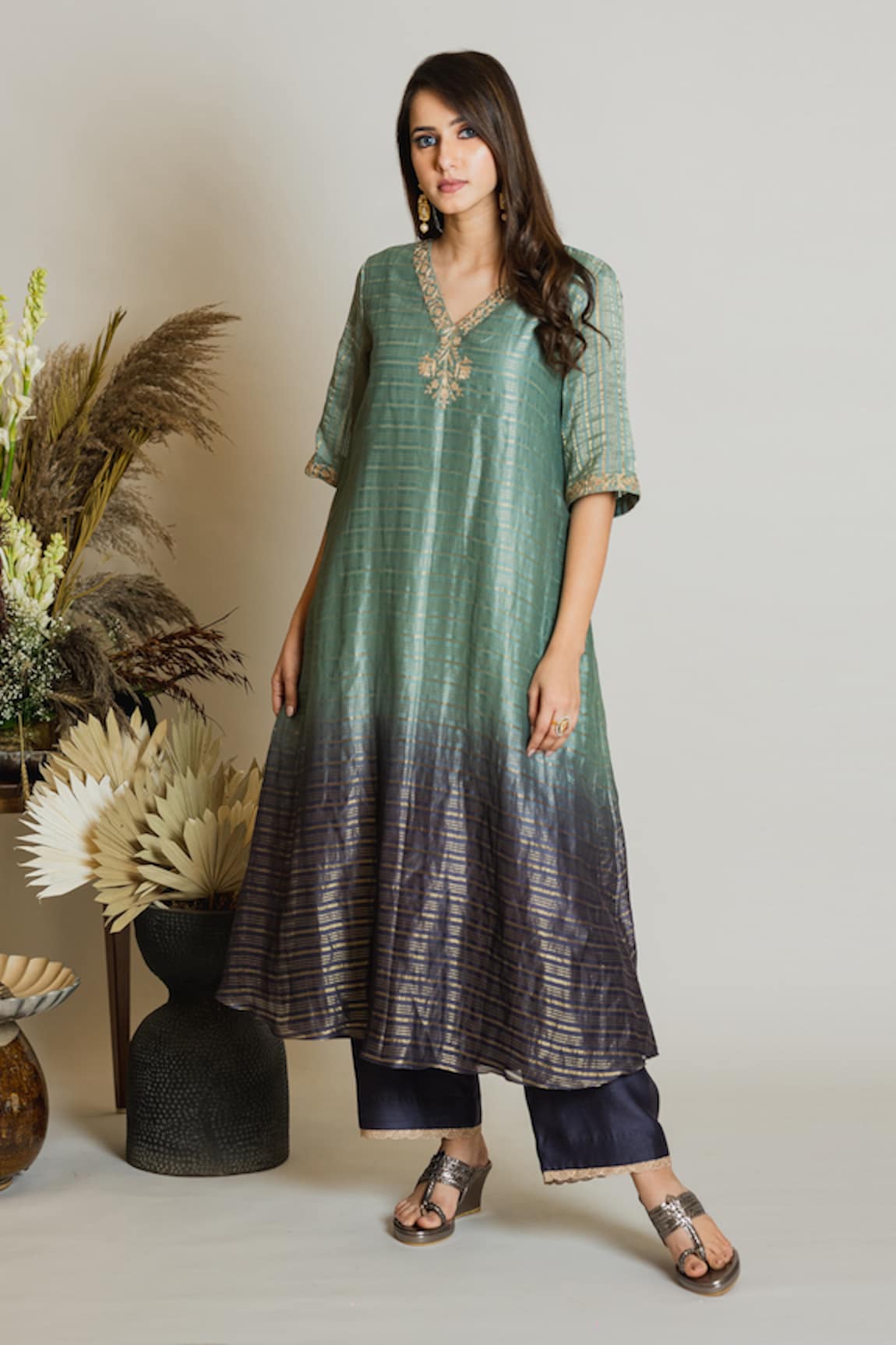 Maliha by Anar and Anoli Chanderi Silk Striped Kurta & Silk Pant Set