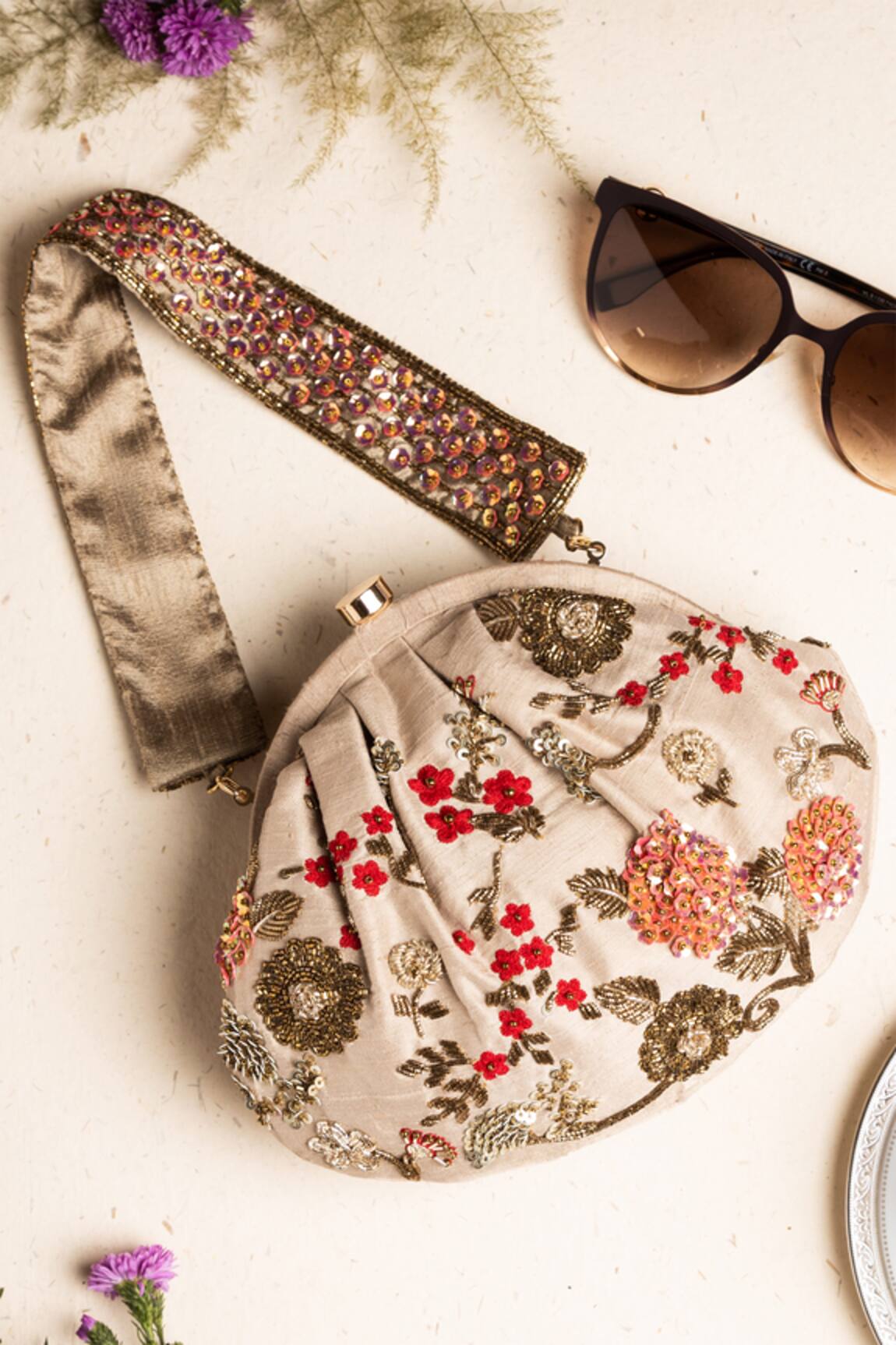 Ara Studio Floral Embroidered Clutch with Handle