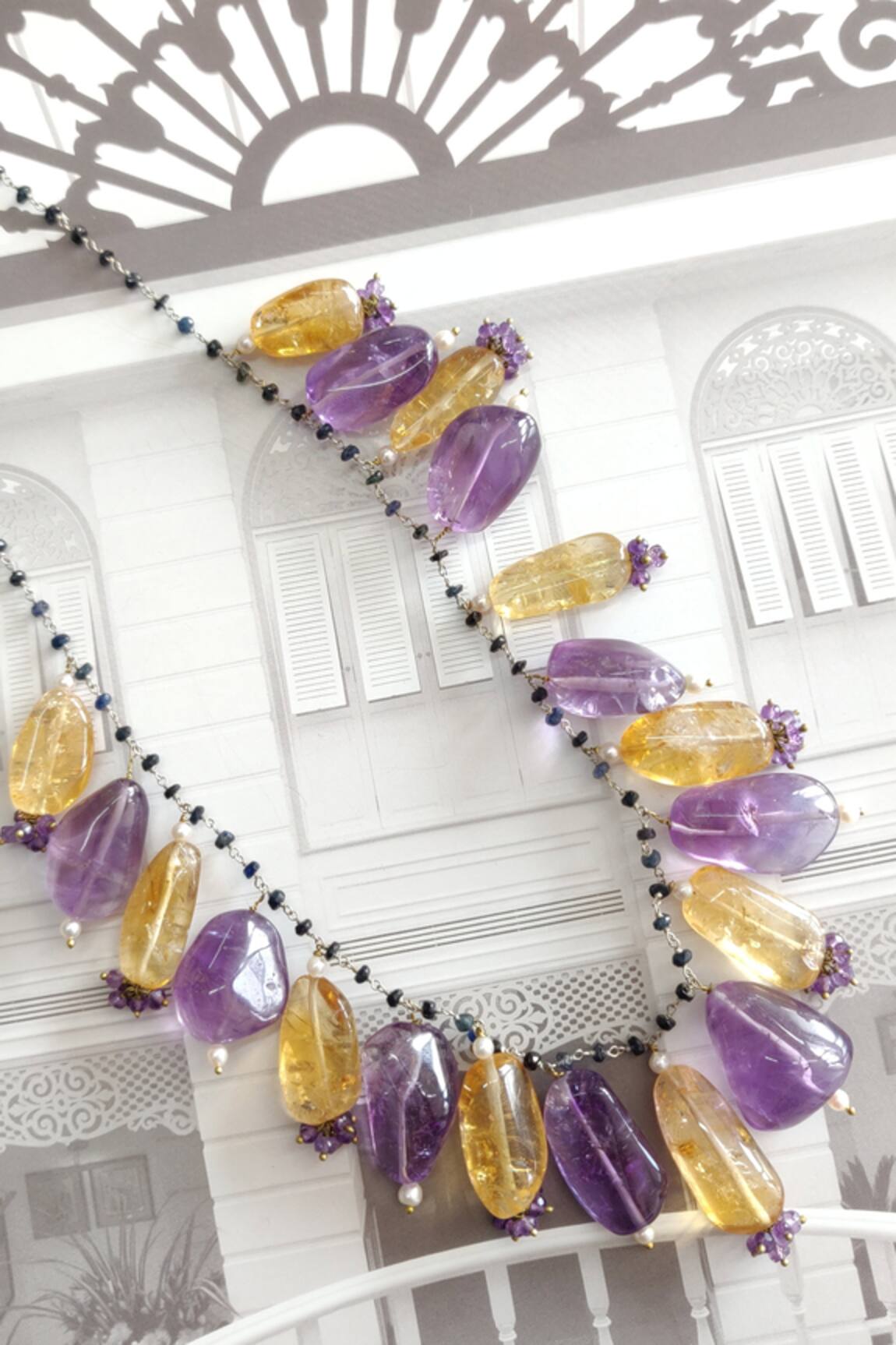 Osvag India Amethyst & Citrine Topaz Bead Drop Necklace 