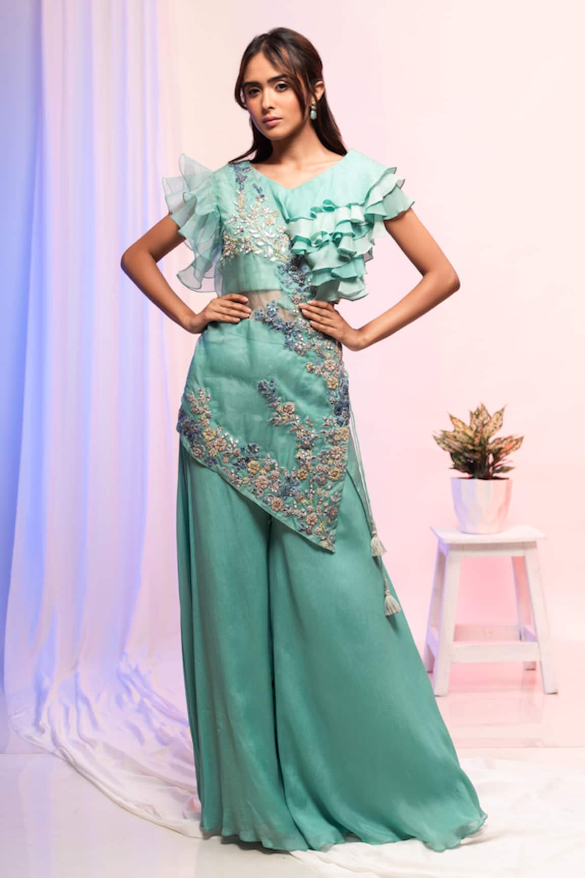 Smriti By Anju Agarwal Embroidered Cape Palazzo Set 