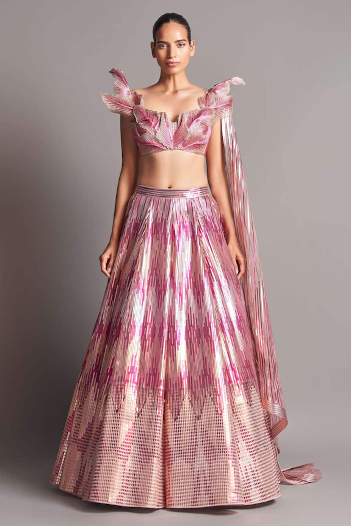 Amit Aggarwal Metallic 3D Draped Blouse & Lehenga Set