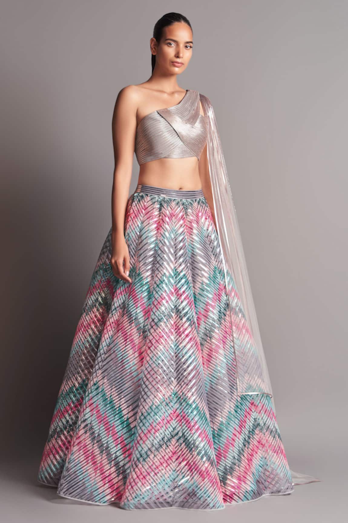 Amit Aggarwal Metallic Draped Blouse & Lehenga Set