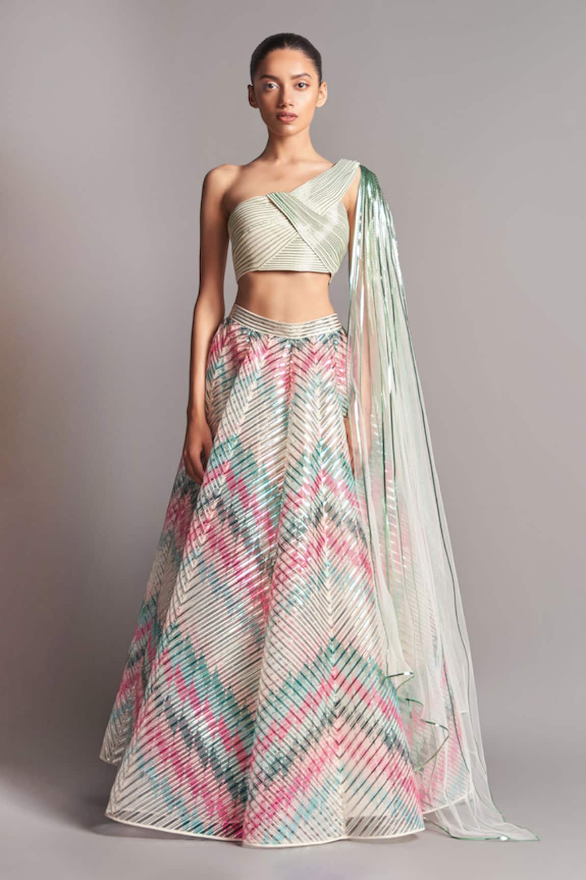 Amit Aggarwal Metallic Draped Blouse & Lehenga Set
