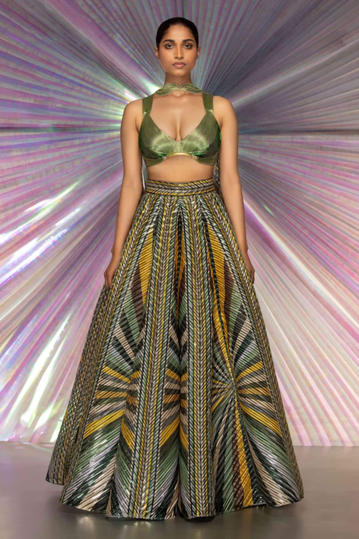 Amit Aggarwal Metallic Striped Lehenga Set