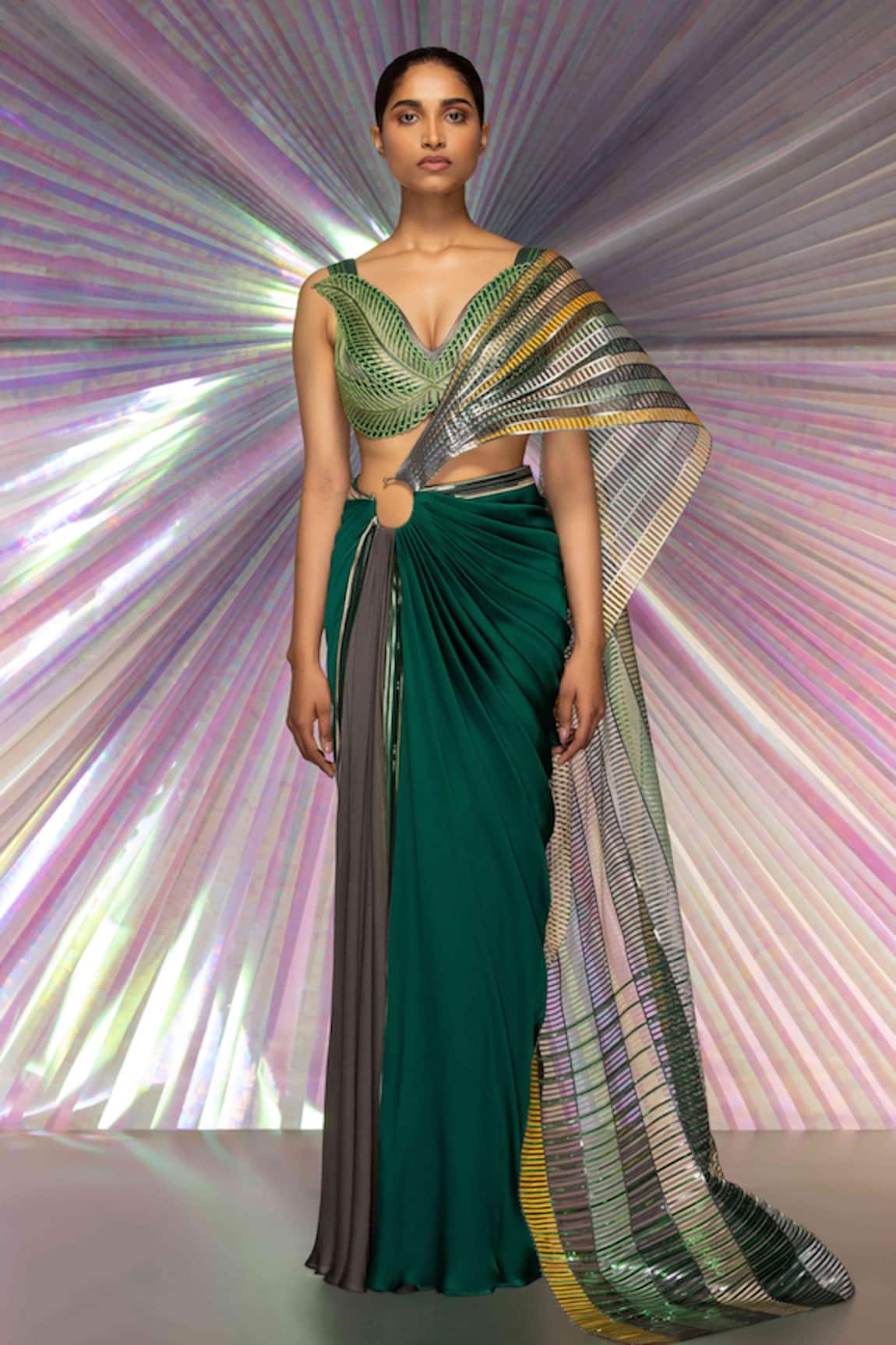 Amit Aggarwal Structured Saree & Metallic Corded Blouse Set