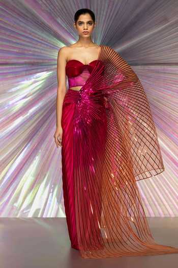 Amit Aggarwal Metallic Ombre Winged Saree With Corset