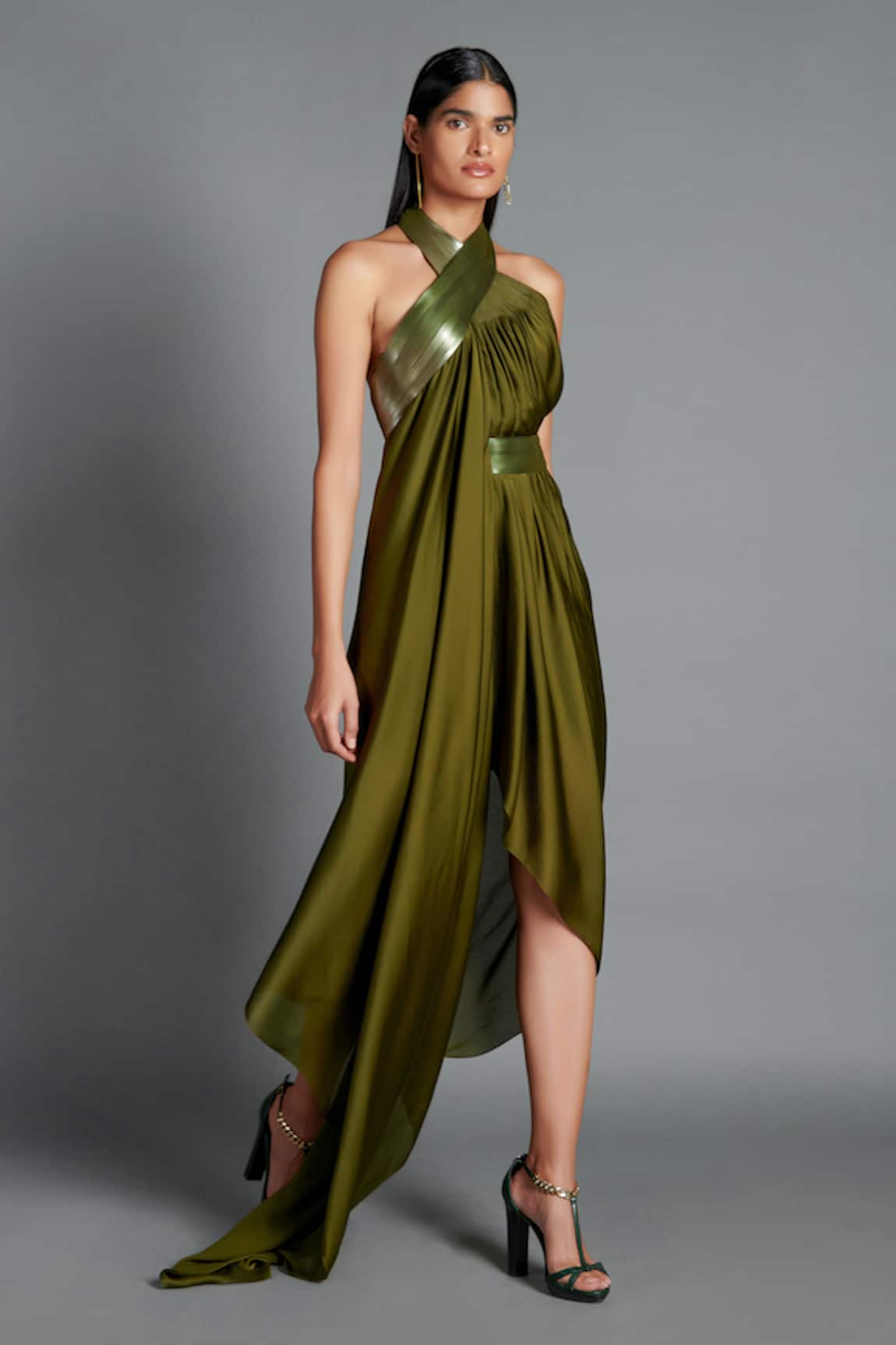 Amit Aggarwal Metallic Draped Backless Dress