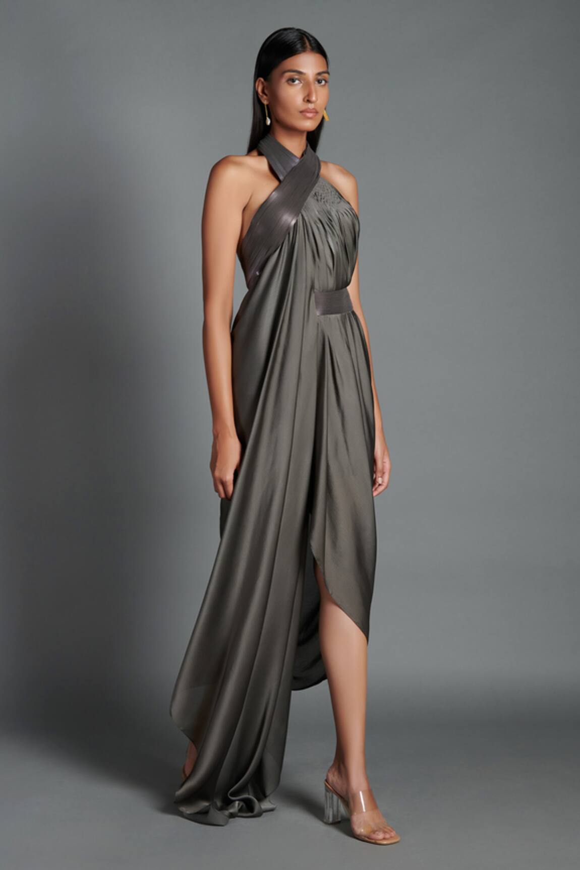 Amit Aggarwal Metallic Draped Backless Dress