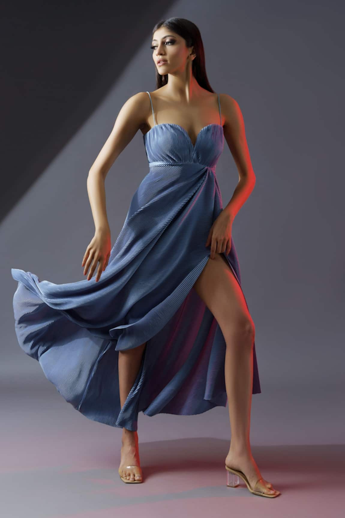 Astha Batra Satin Silk Pleated High Slit Gown