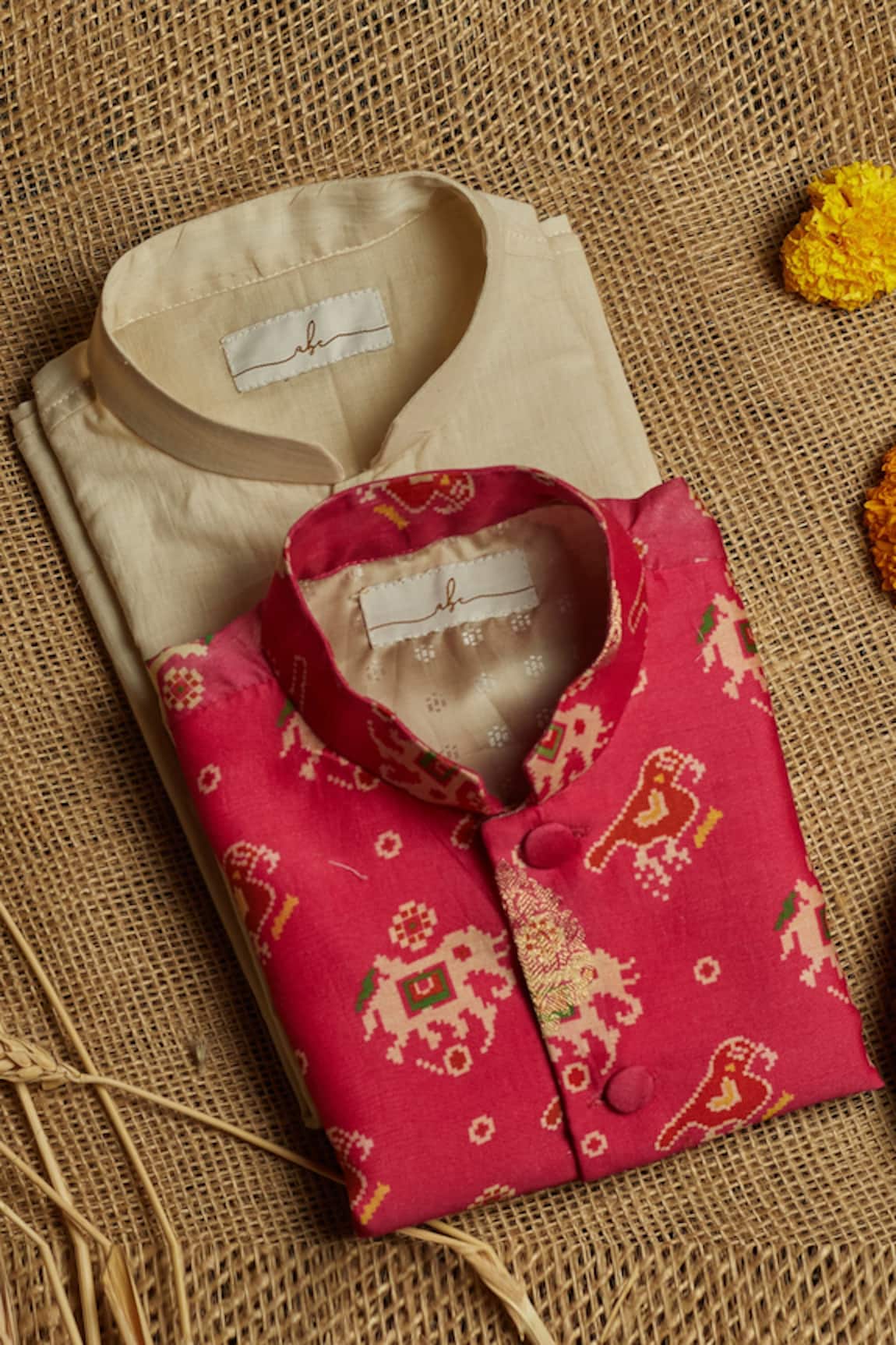 All Boy Couture Patola Print Nehru Jacket Kurta Set
