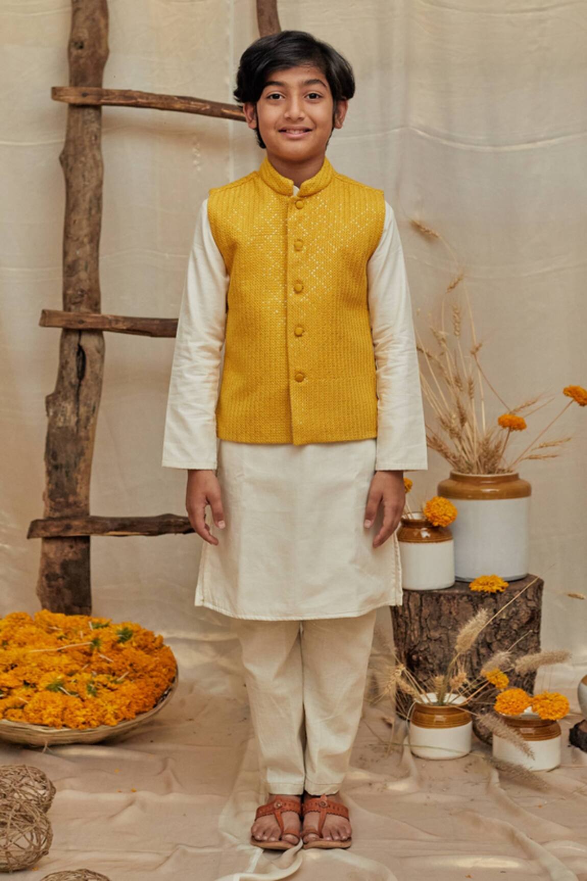 All Boy Couture Yellow Embroidered Kurta Set With Nehru Jacket