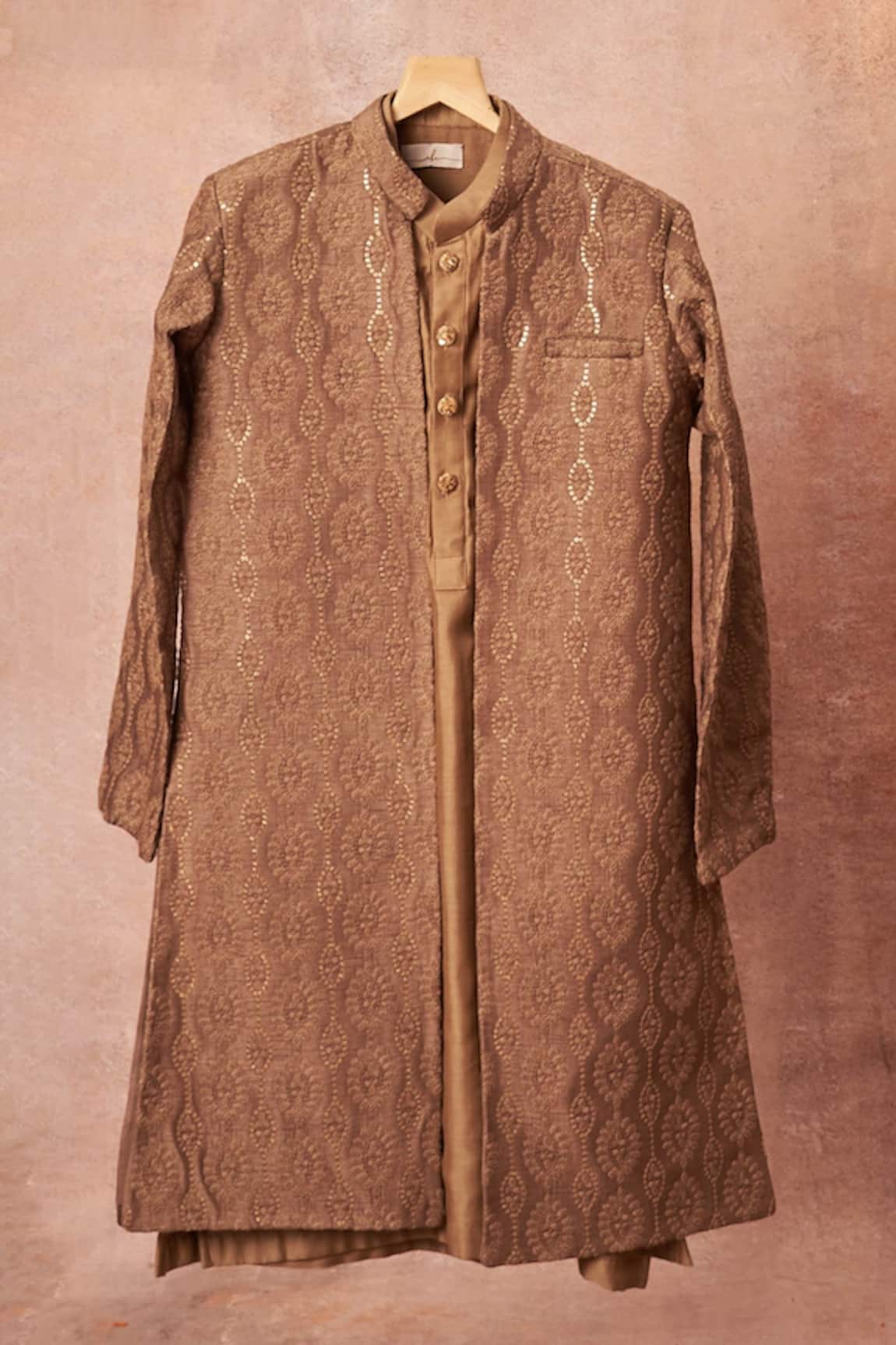 All Boy Couture Brown Sequined Achkan & Kurta Set