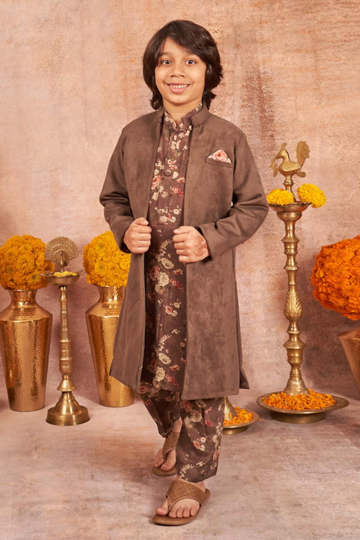 All Boy Couture Suede Jacket & Printed Kurta Set