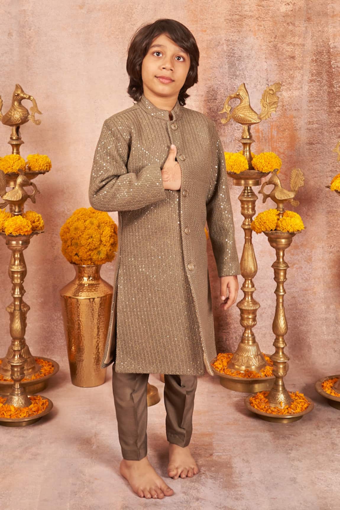 All Boy Couture Grey Sequined Achkan & Pant Set