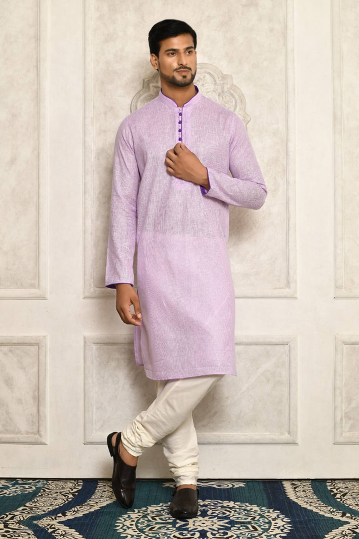 Aryavir Malhotra Purple Cotton Band Collar Kurta 