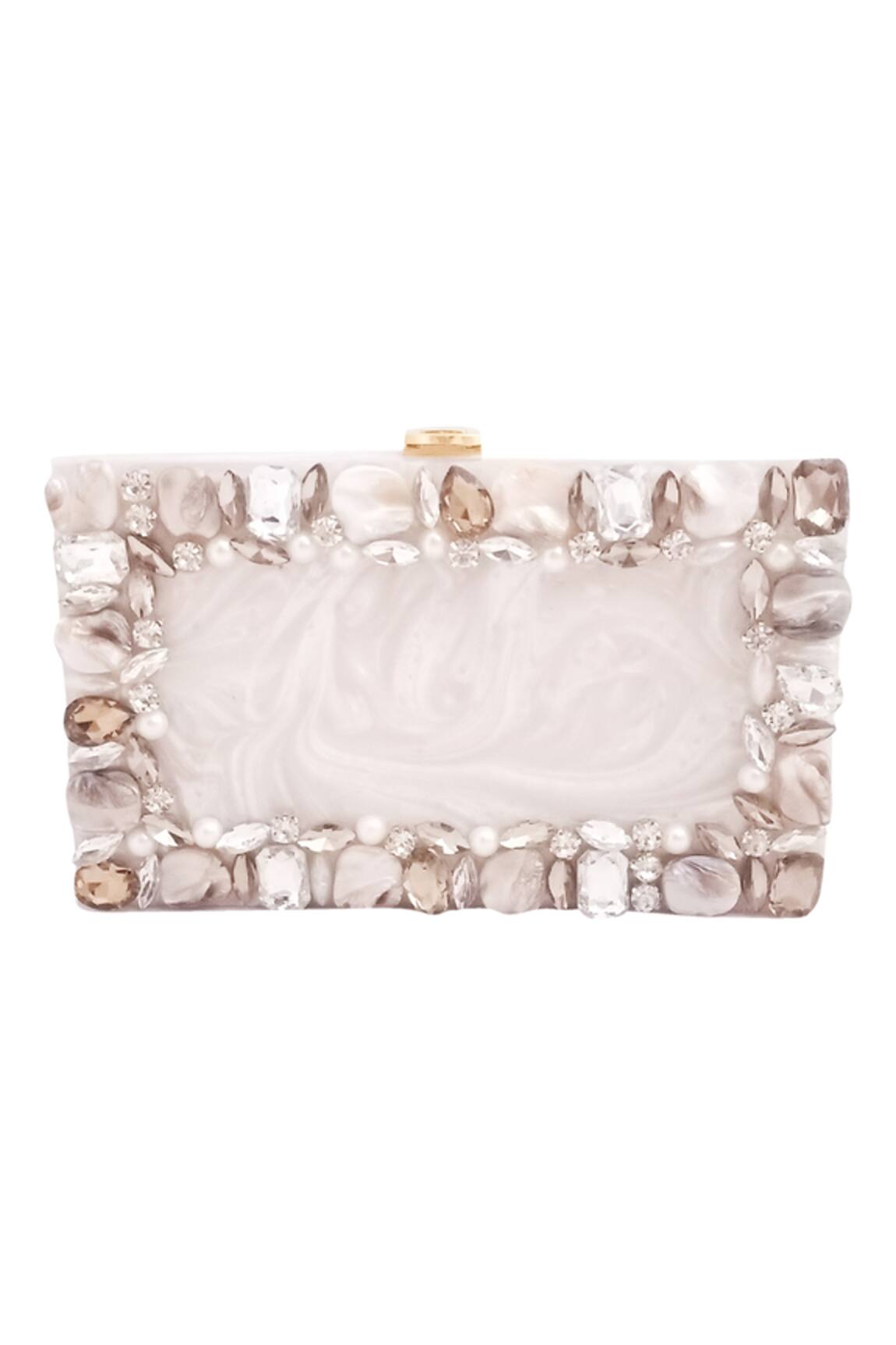 A Clutch Story White Embellished Resin Clutch with Sling