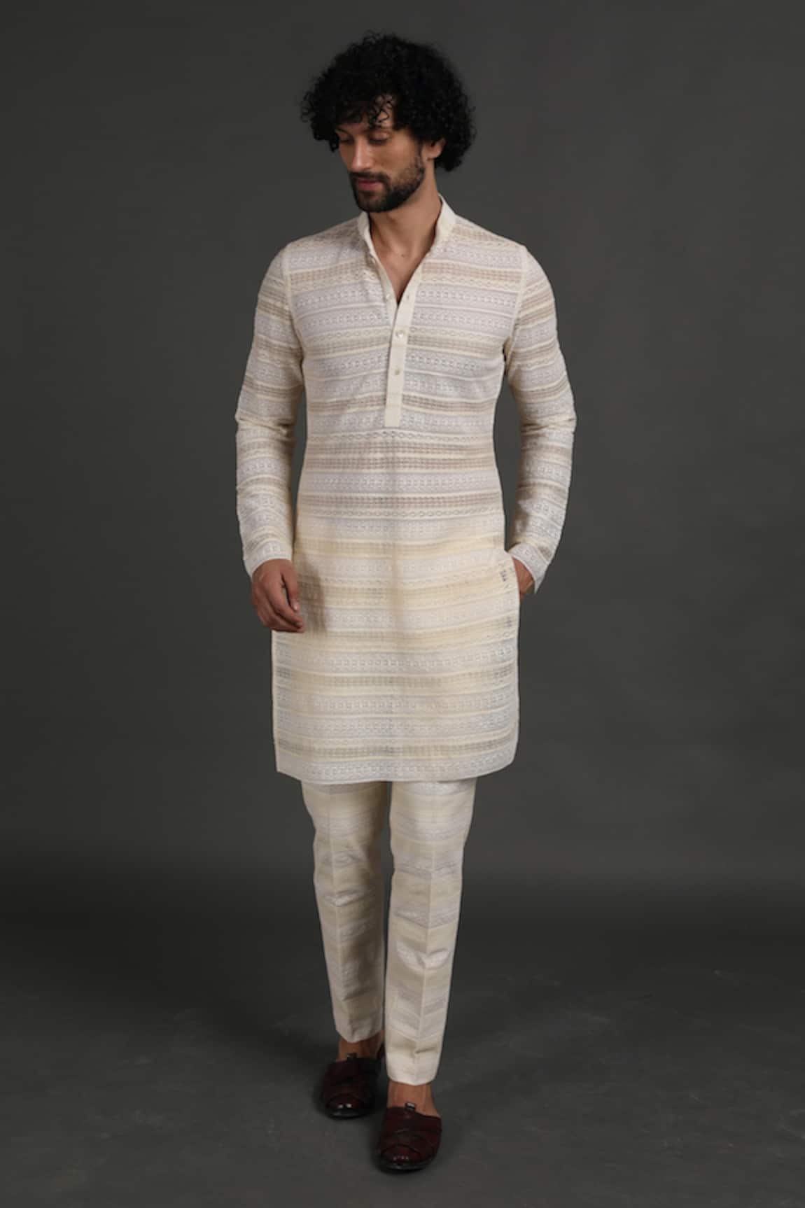 Arjan Dugal Cotton Silk Lace Work Kurta Set