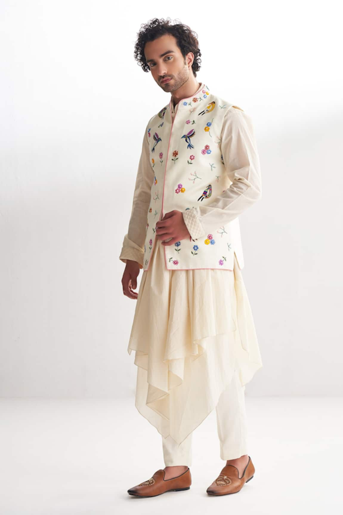 Agraj Jain Exotic Bird Embroidered Bundi & Draped Kurta Set