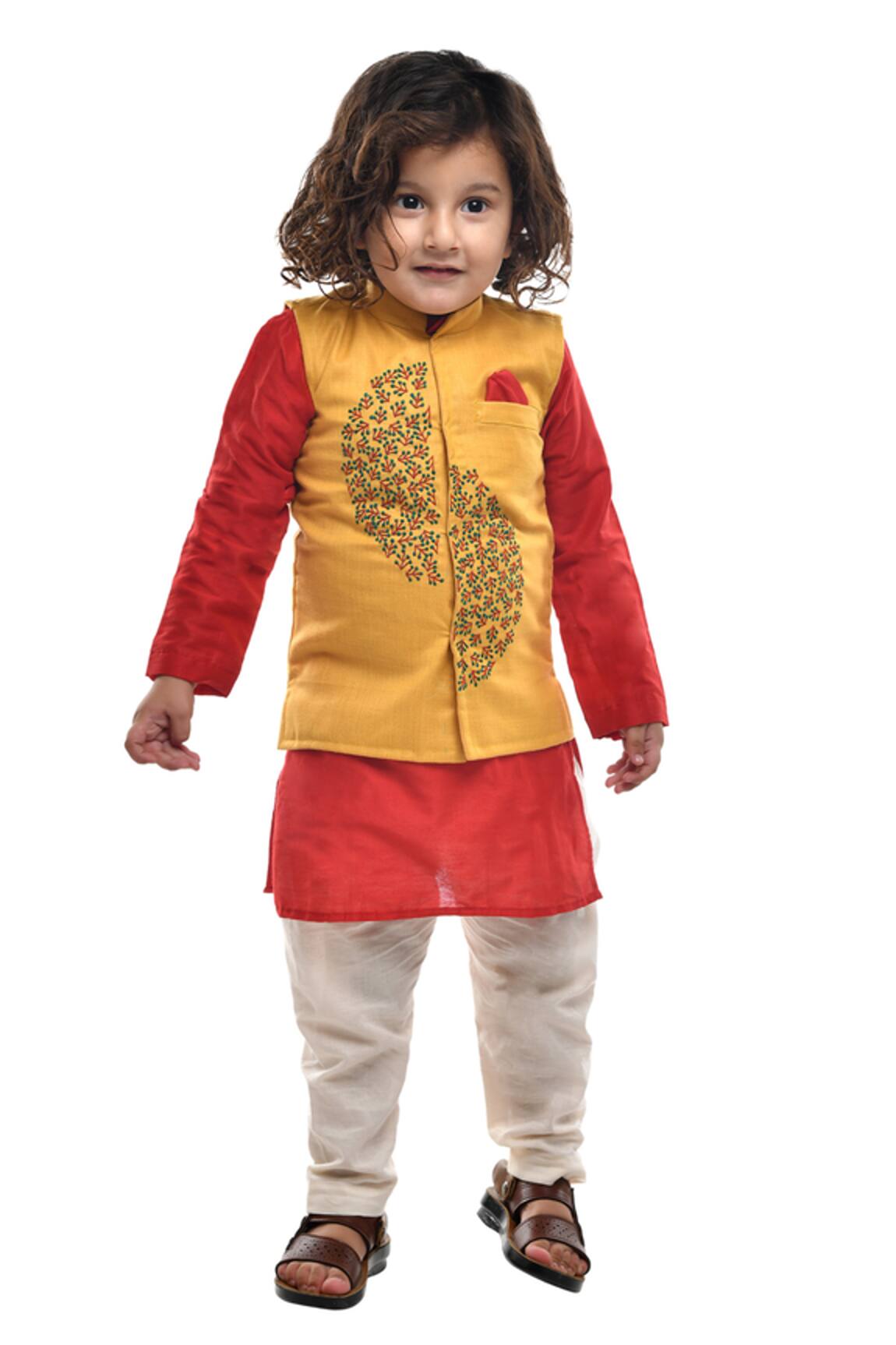 APRICOTKIDS Embroidered Yellow Bundi Kurta Set