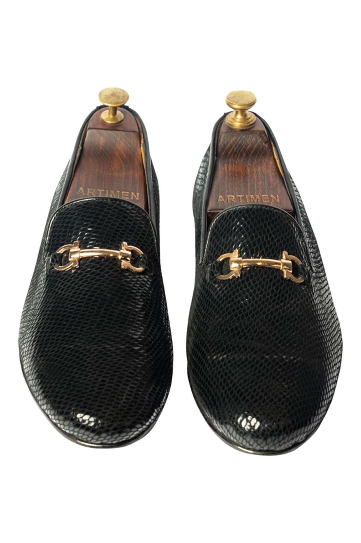 Buy Black Leather And Stone Washed Fabric Dabak Horse-bit Buckle Loafers  For Men by Artimen Online at Aza Fashions.