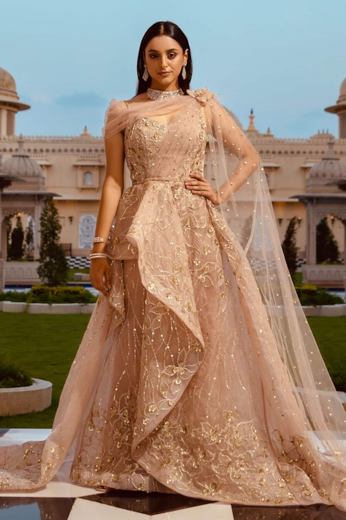 Amit GT Embroidered Draped Gown 