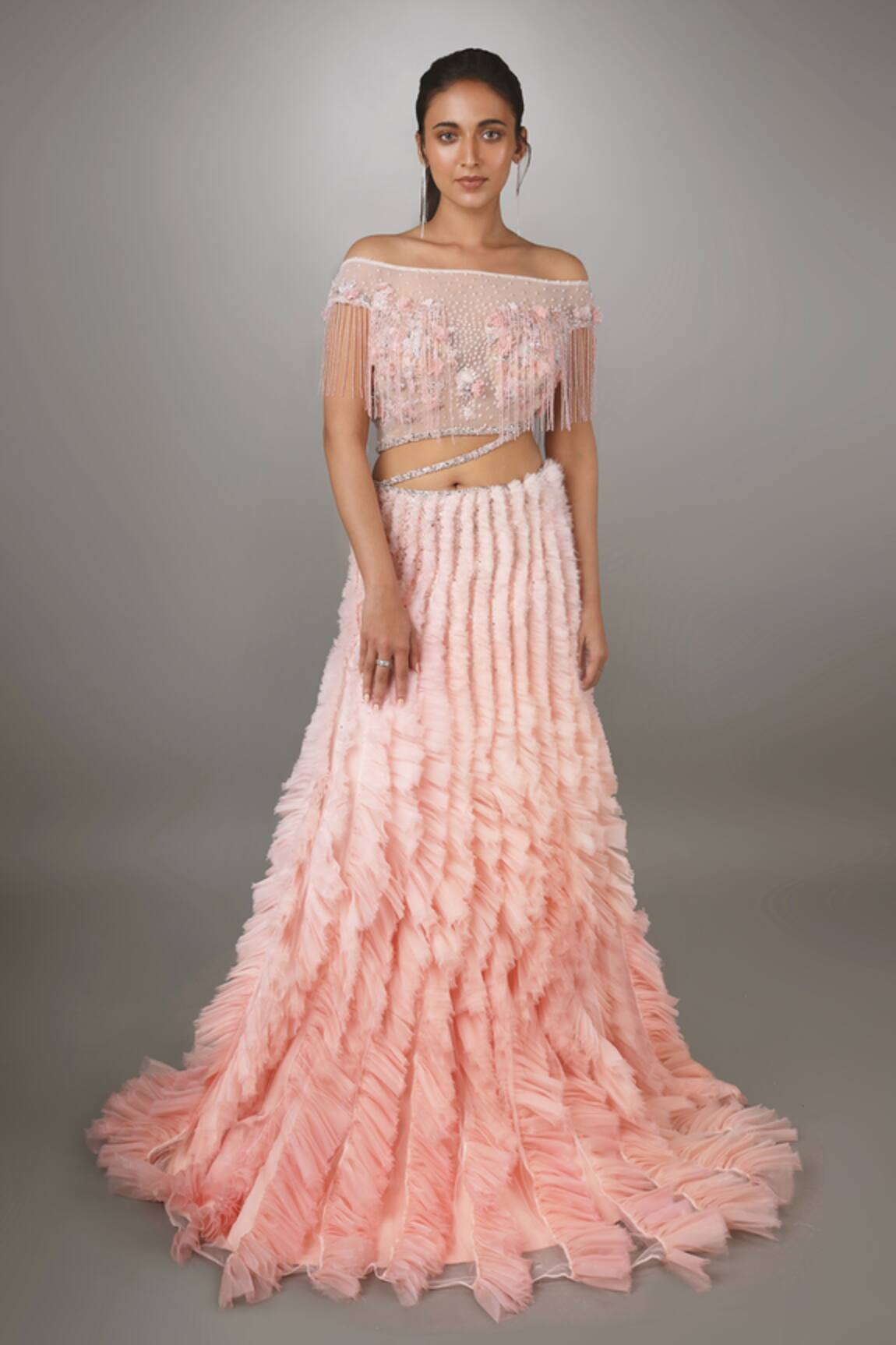 Anjum Qureshi Embroidered Ruffle Textured Gown