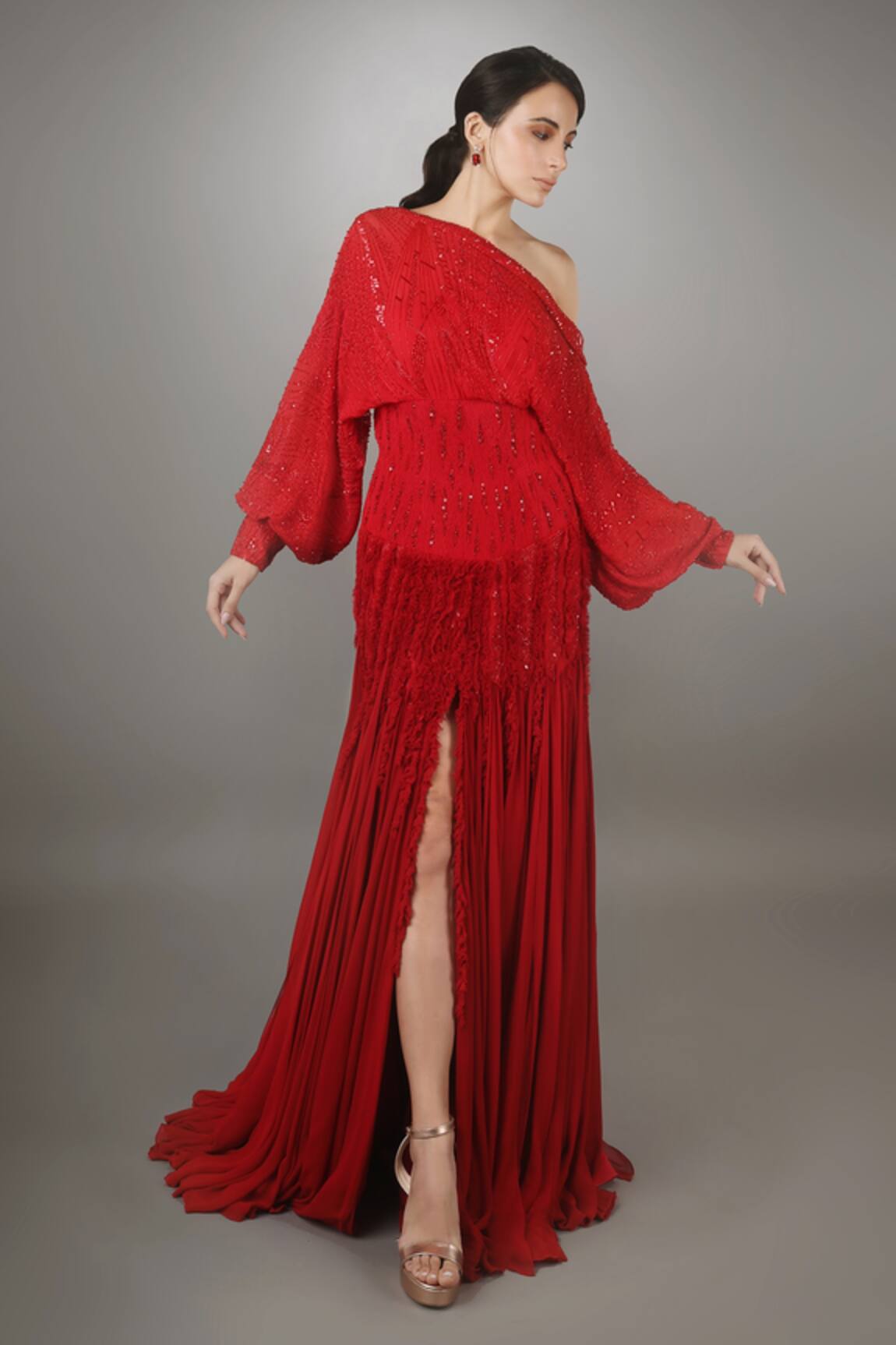 Anjum Qureshi Poncho Style Ruffle Gown