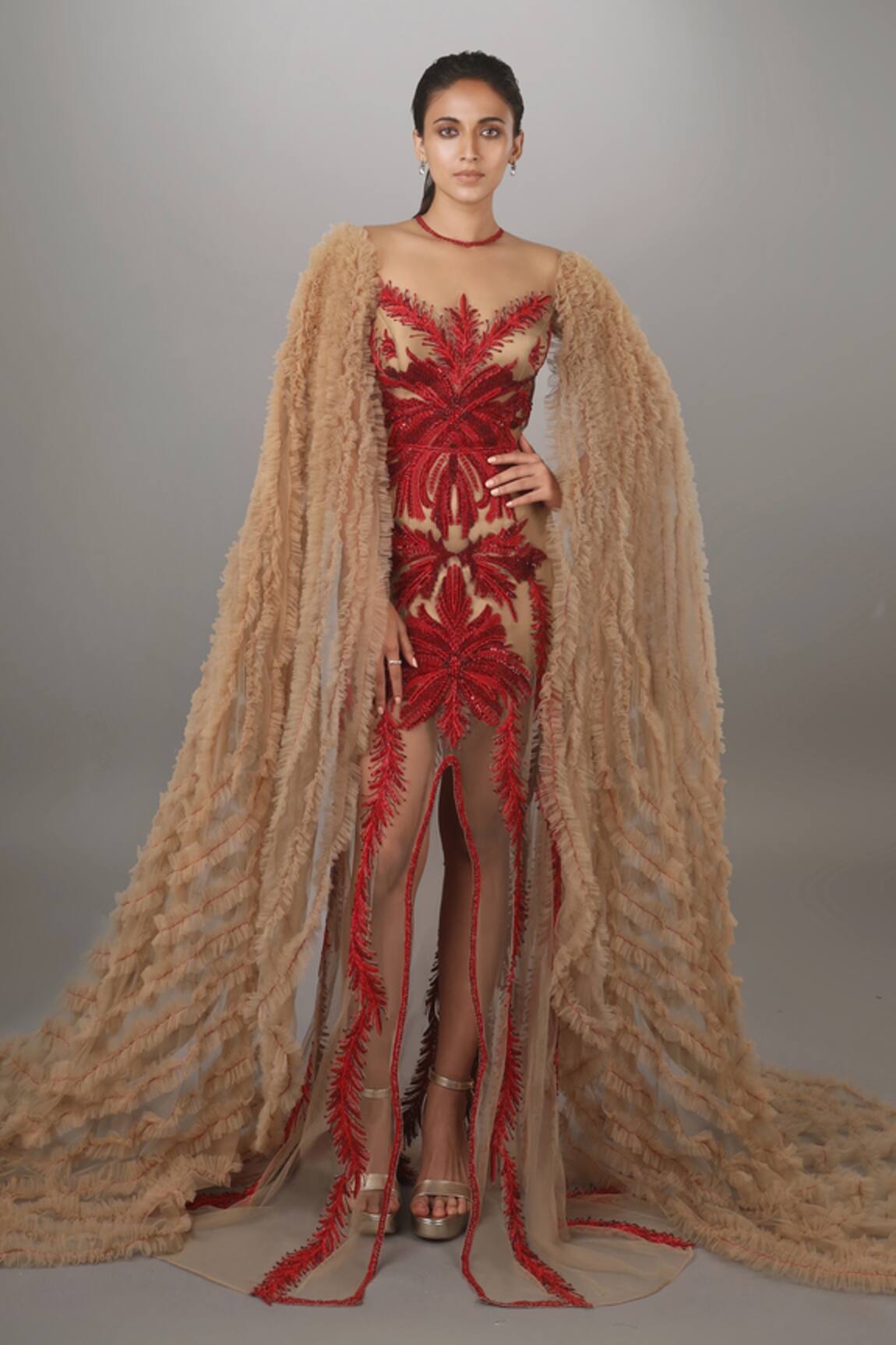 Anjum Qureshi Ruffled Waterfall Sleeve Gown