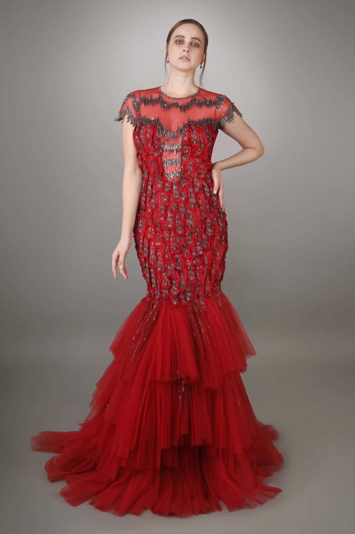 Anjum Qureshi Fray Textured Mermaid Gown