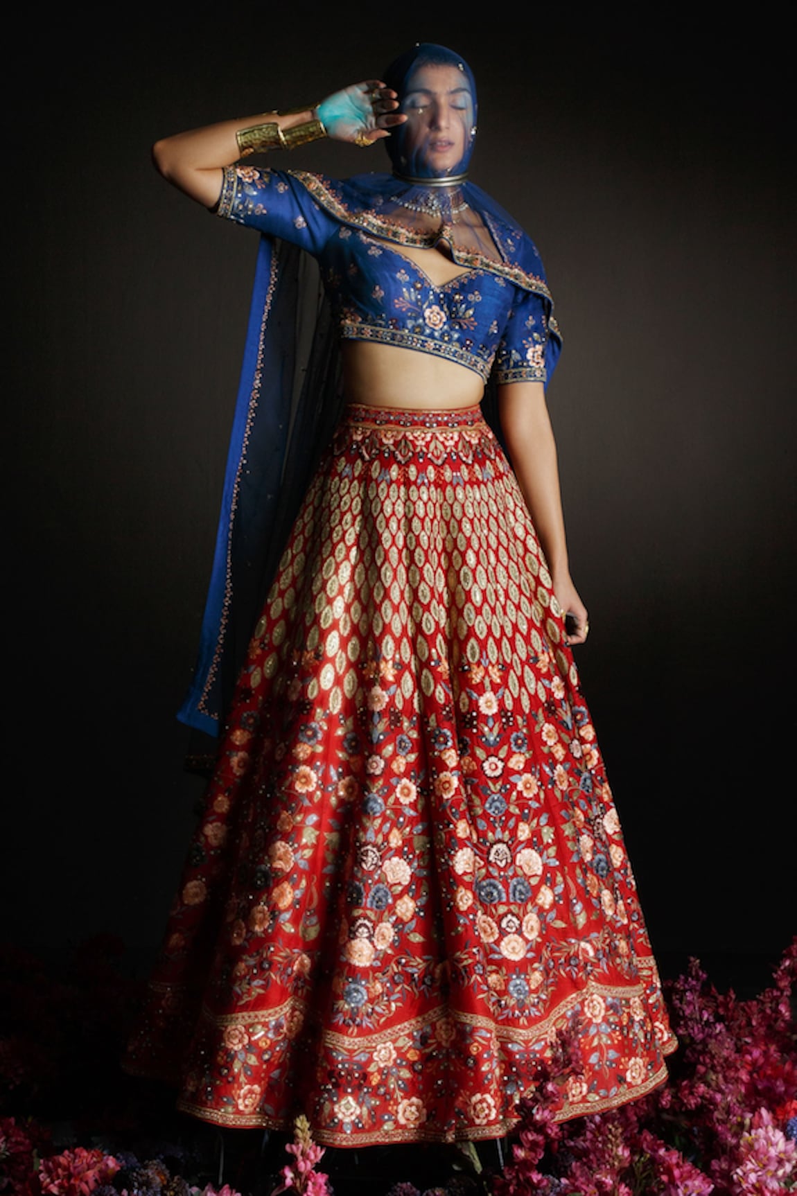 Ahanthem by Reena Raw Silk Floral Embroidered Bridal Lehenga Set