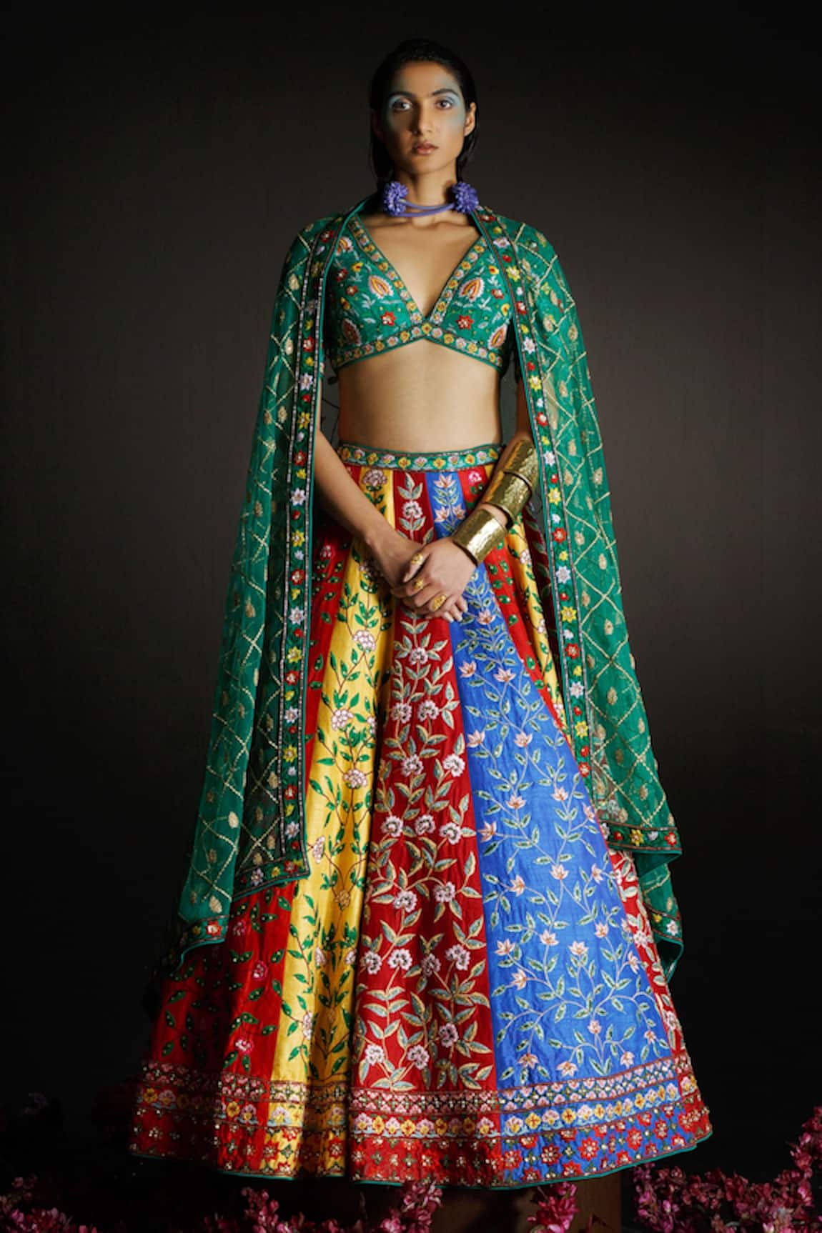 Ahanthem by Reena Raw Silk Floral Embroidered Bridal Lehenga Set
