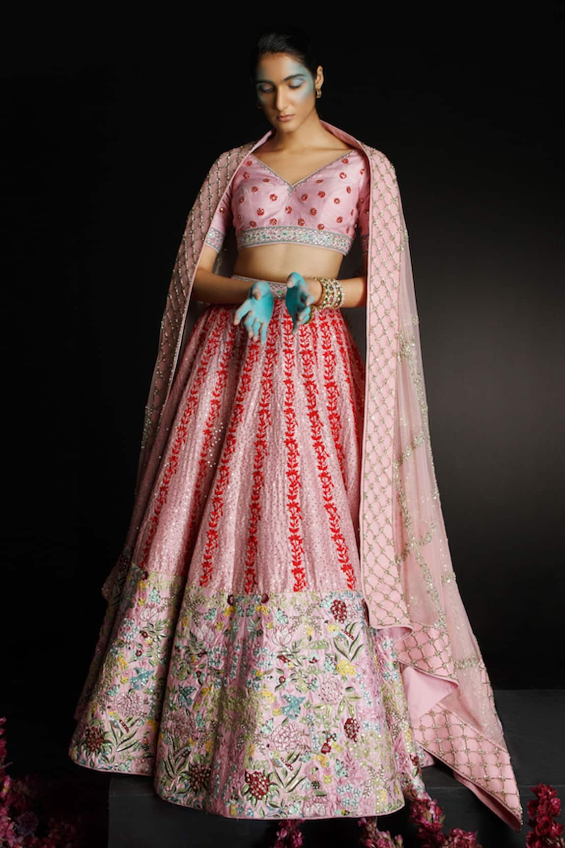 Ahanthem by Reena Raw Silk Floral Embroidered Bridal Lehenga Set