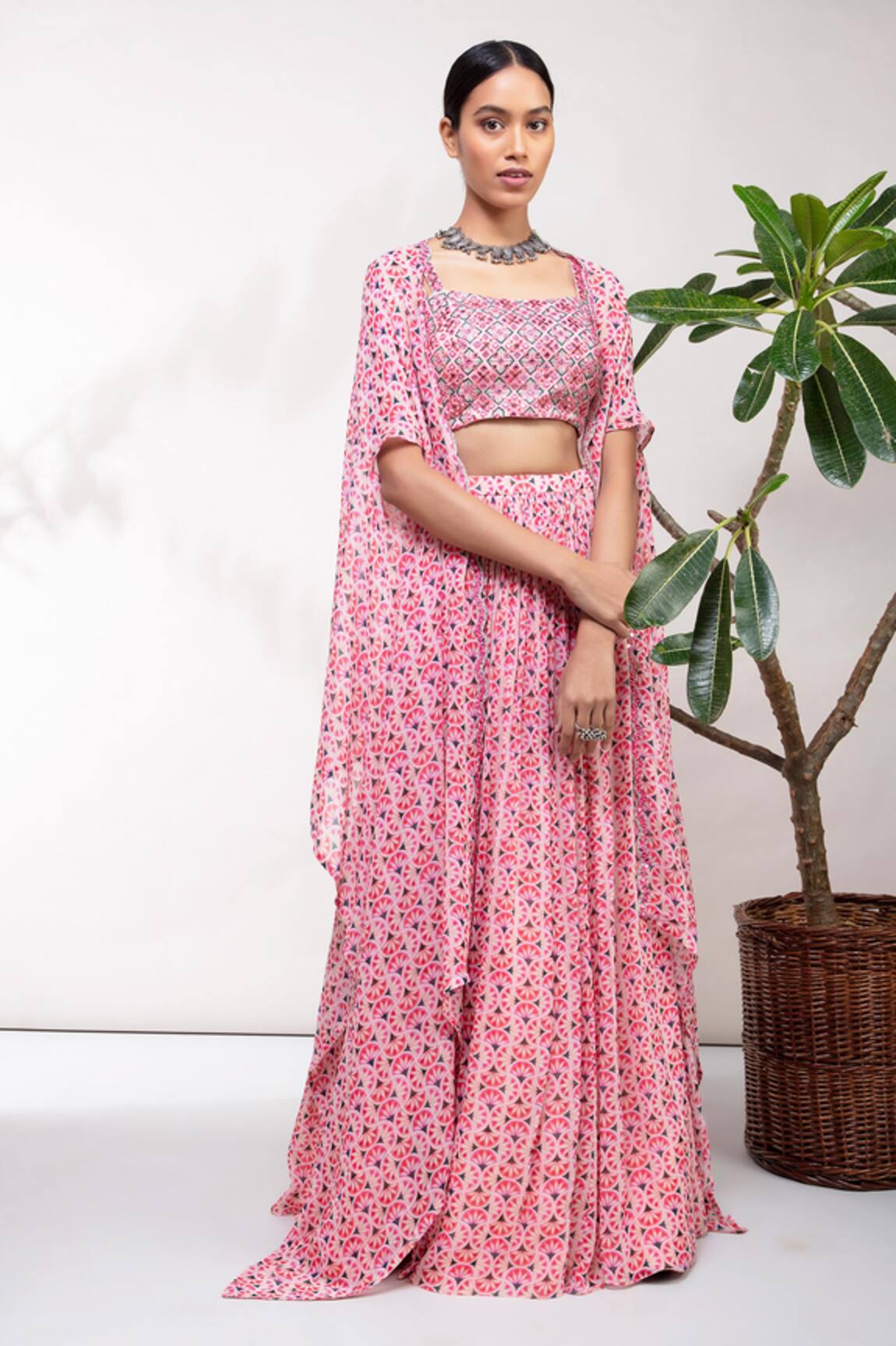 Aneesh Agarwaal Floral Print Cape Lehenga Set