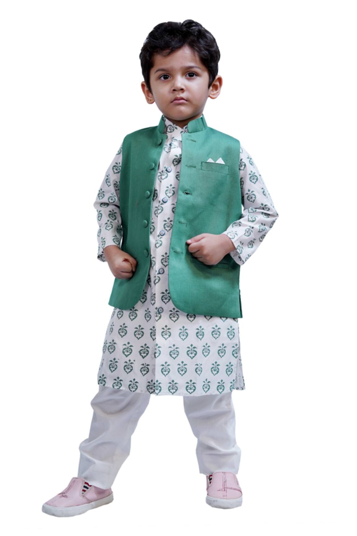 Tiny Colour Block Print Kurta Set with Bundi 