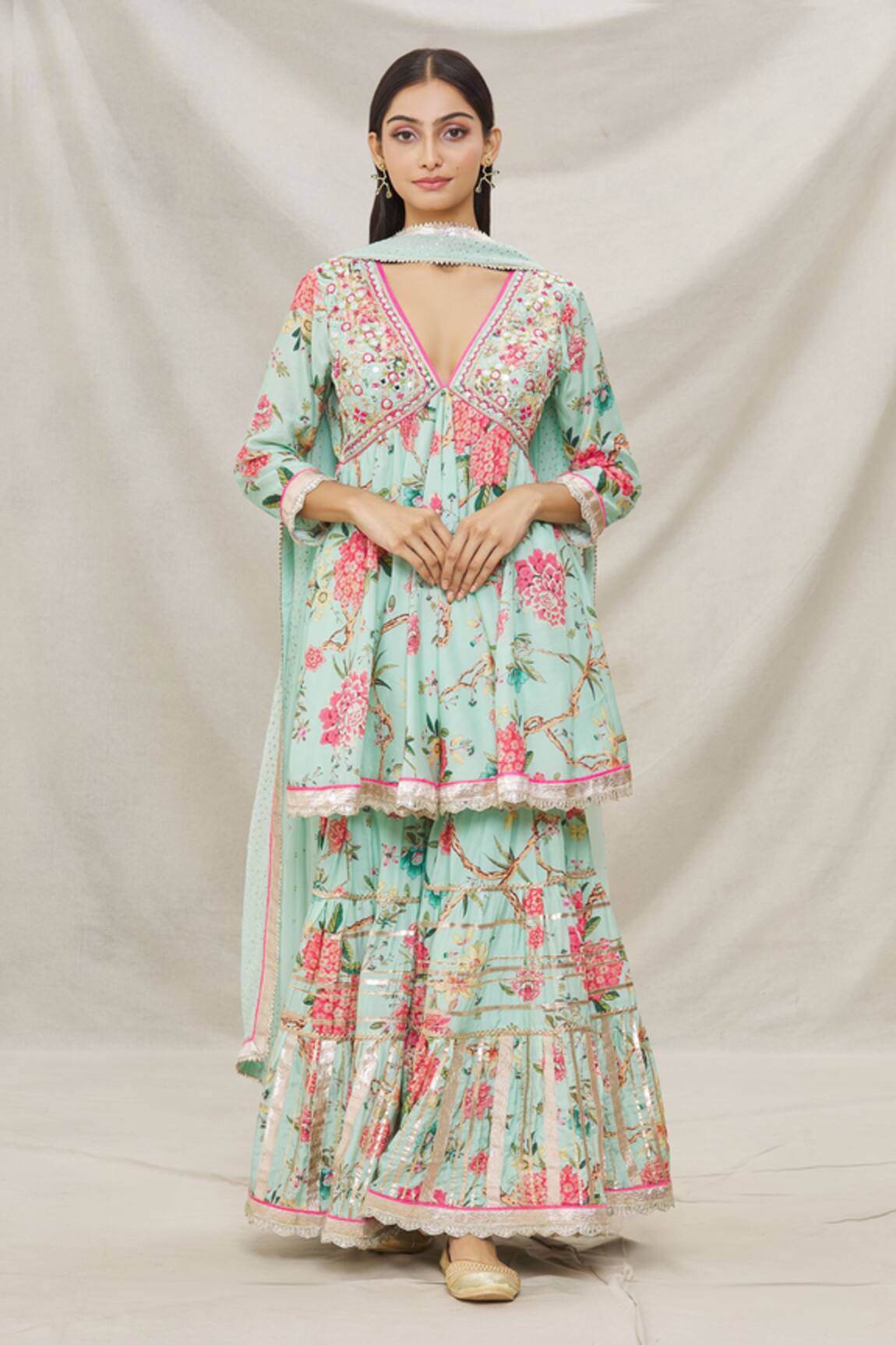 Gopi Vaid Floral Print Kurta Sharara Set