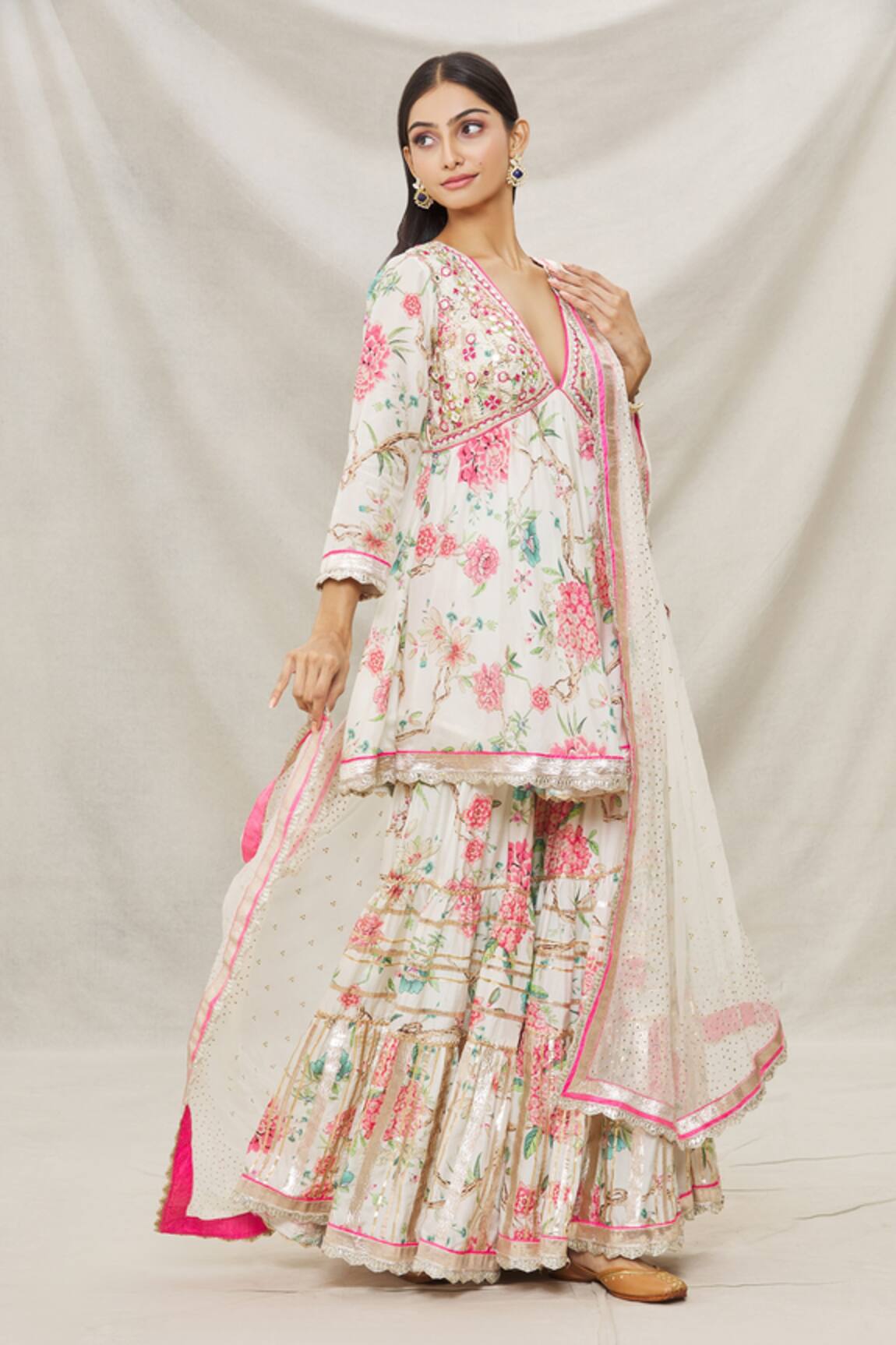 Gopi Vaid Floral Print Short Anarkali Sharara Set