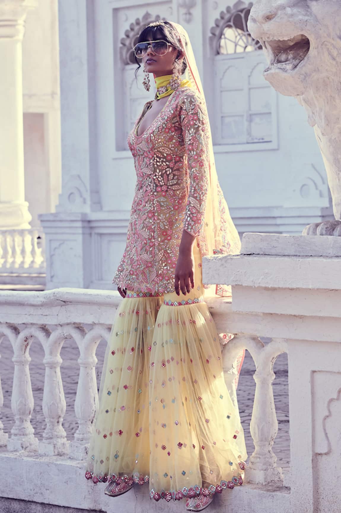 Tamanna Punjabi Kapoor Floral Mirror Embellished Kurta & Sharara Set