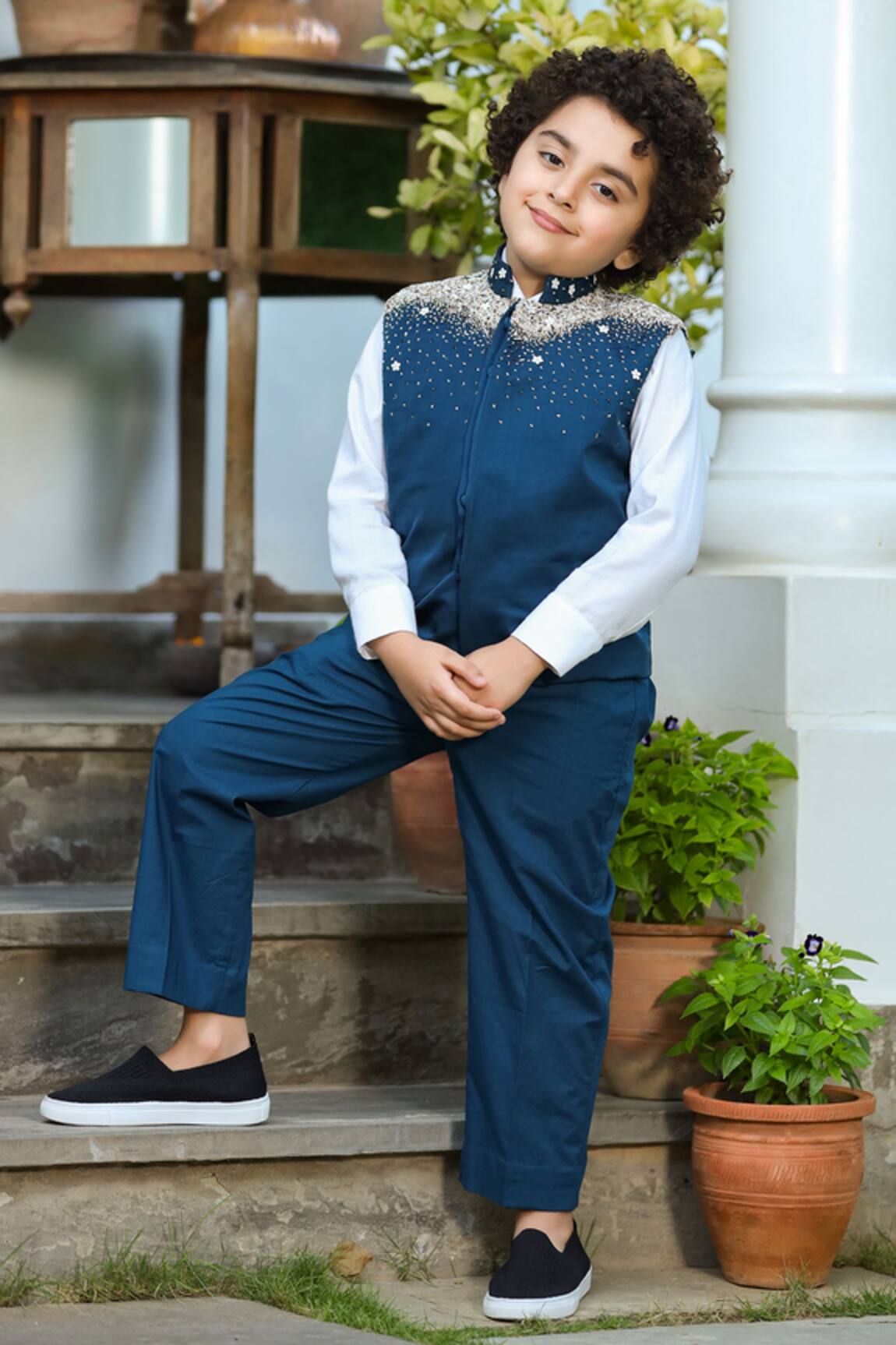 Littleens Embroidered Blue Nehru Jacket 