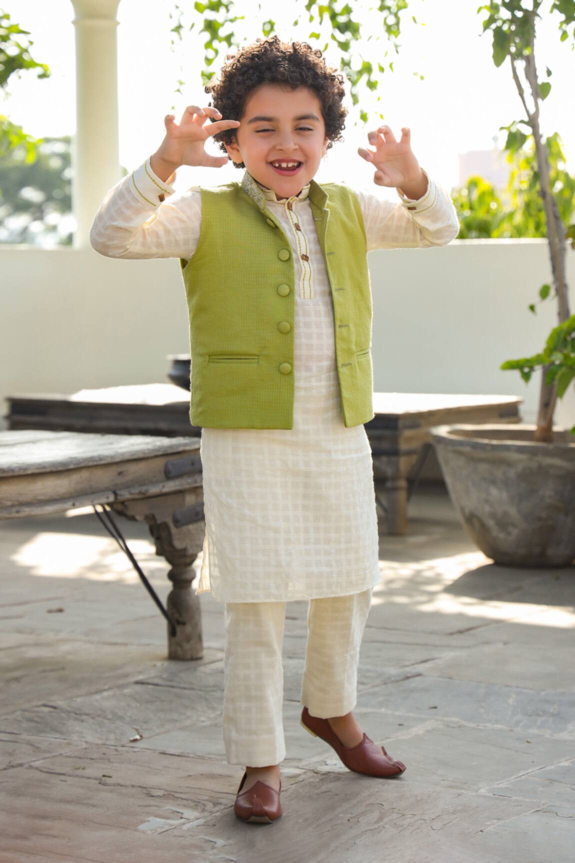 LITTLEENS Lime Green Embroidered Nehru Jacket 