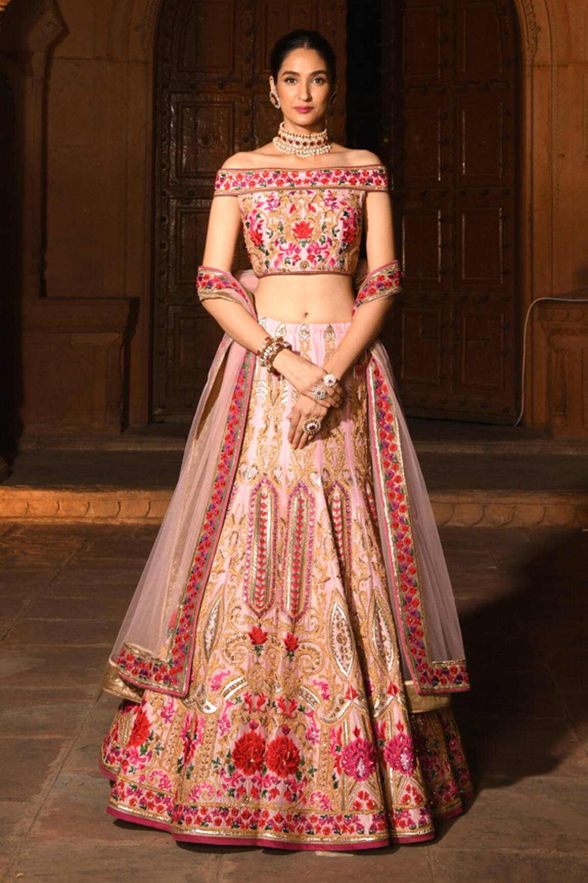 Reynu Taandon Chanderi Silk Embroidered Off Shoulder Bridal Lehenga Set 