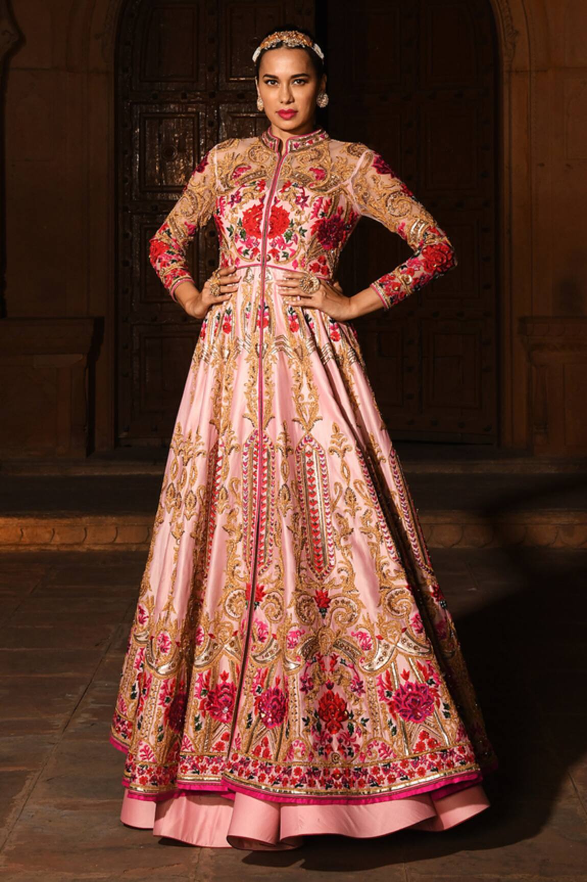 Reynu Taandon Chanderi Silk Embroidered Jacket Lehenga Set 