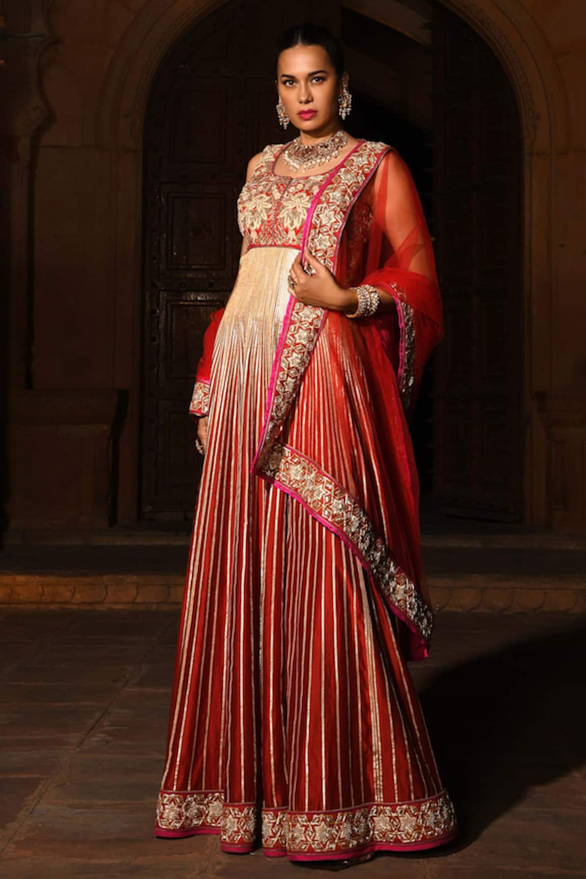 Reynu Taandon Chanderi Silk Embroidered Anarkali with Dupatta  