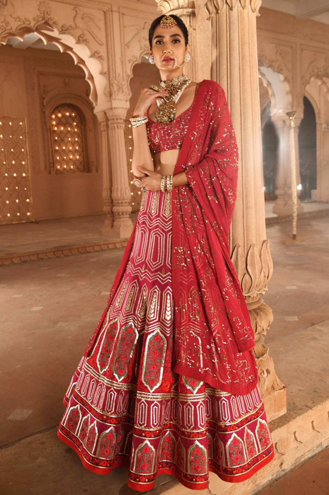Reynu Taandon Chanderi Silk Embroidered Bridal Lehenga Set 