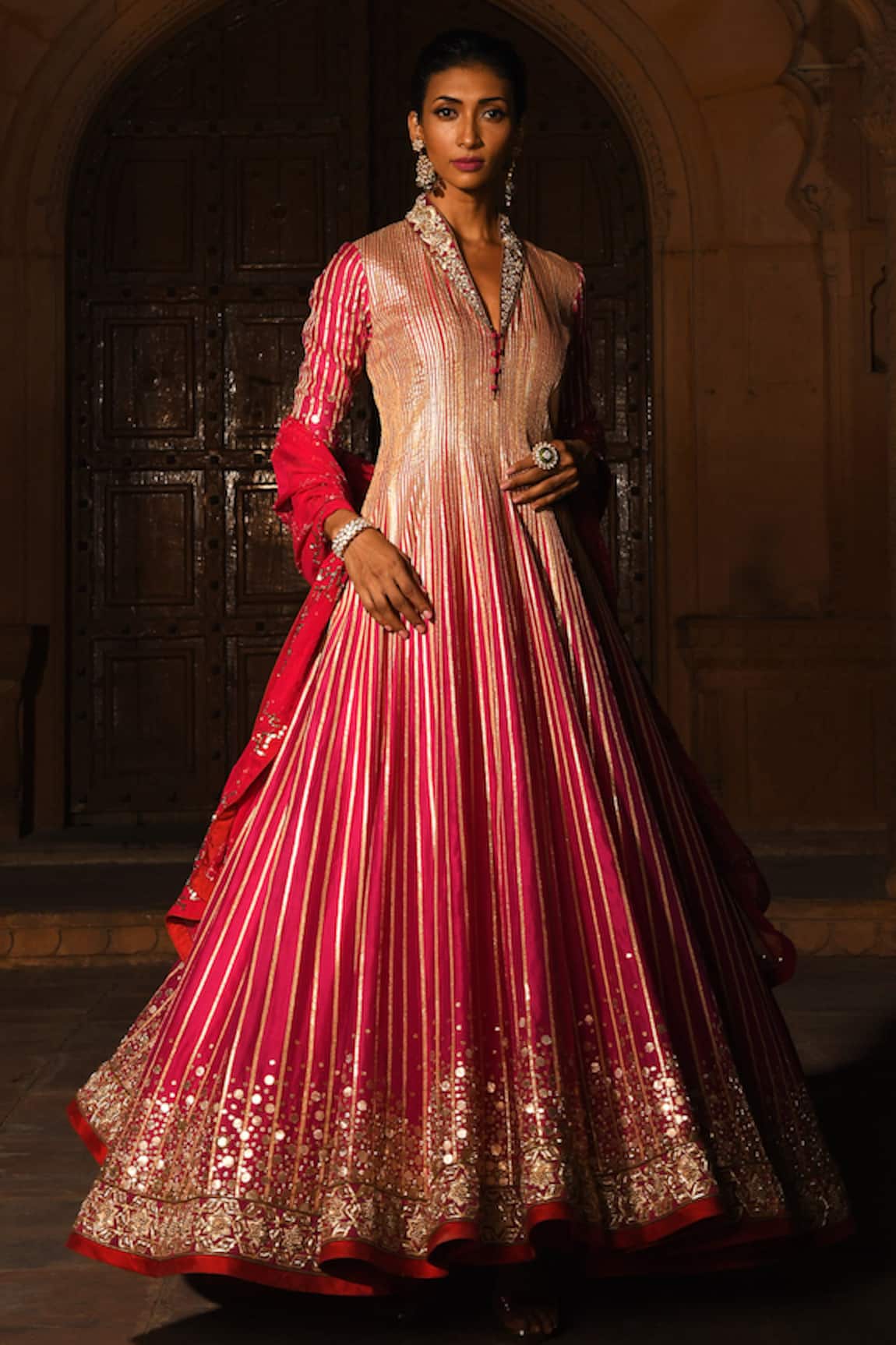 Reynu Taandon Chanderi Silk Embroidered Anarkali with Dupatta  