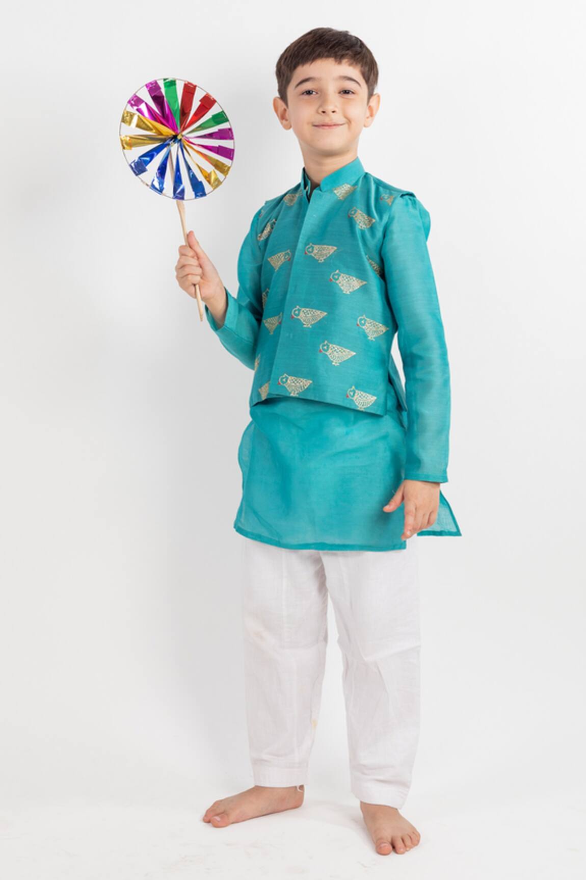 MR Brat Teal Embroidered Bundi & Kurta Set