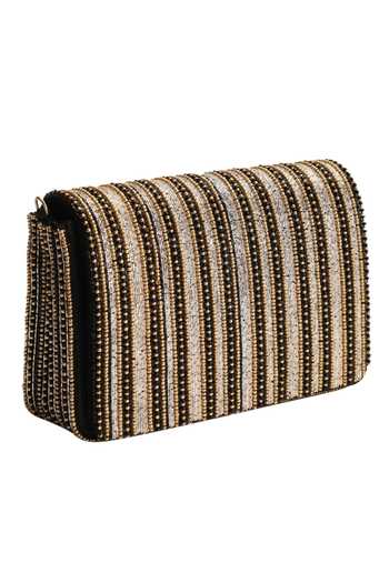 The Purple Sack Embroidered Black Flap Clutch with Sling 
