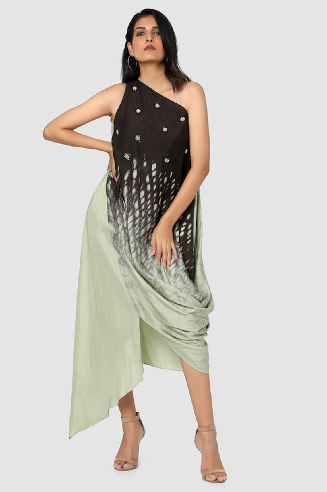 Babita Malkani Organic Cotton Silk One Shoulder Draped Dress 