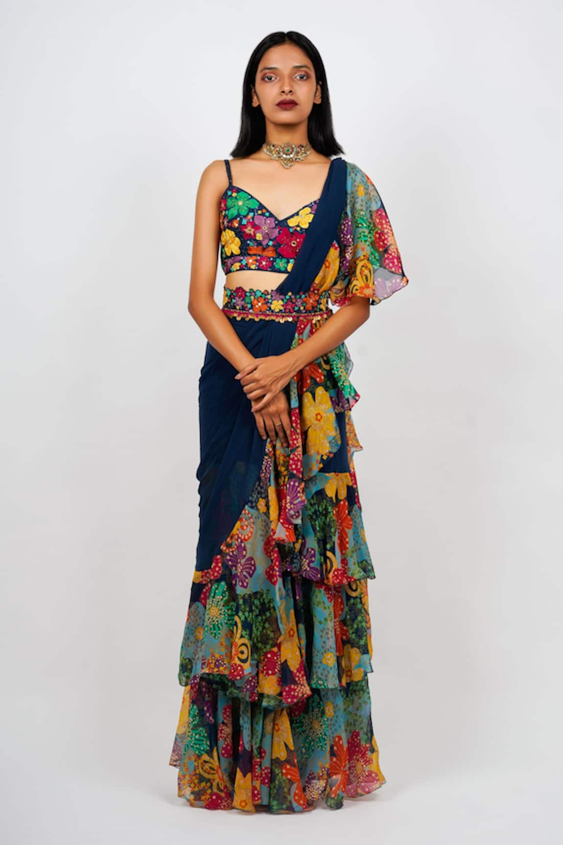 Taavare Floral Print Pre-Draped Ruffle Saree With Blouse 