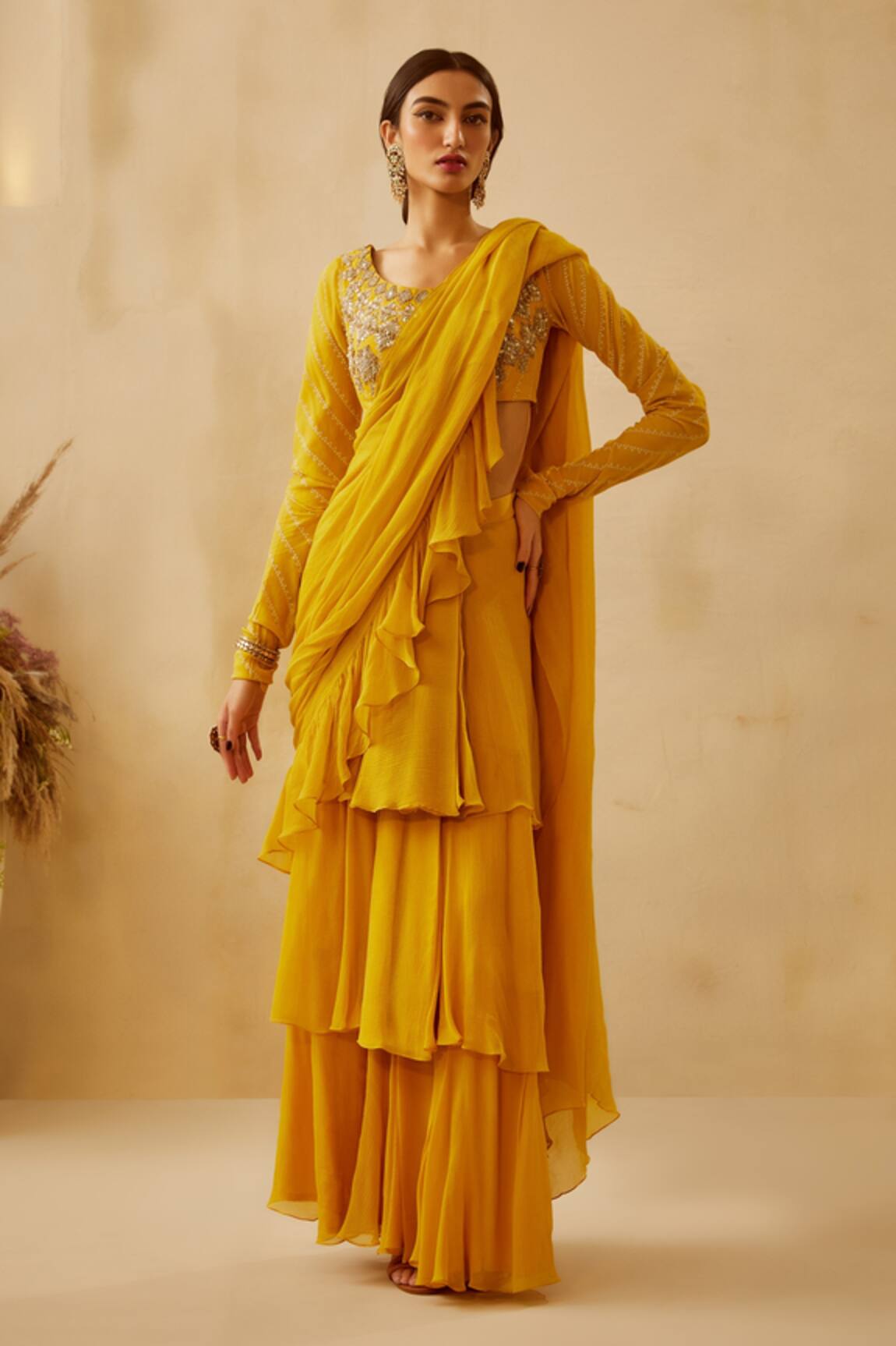 Bhumika Sharma Pre-Draped Ruffle Saree Set